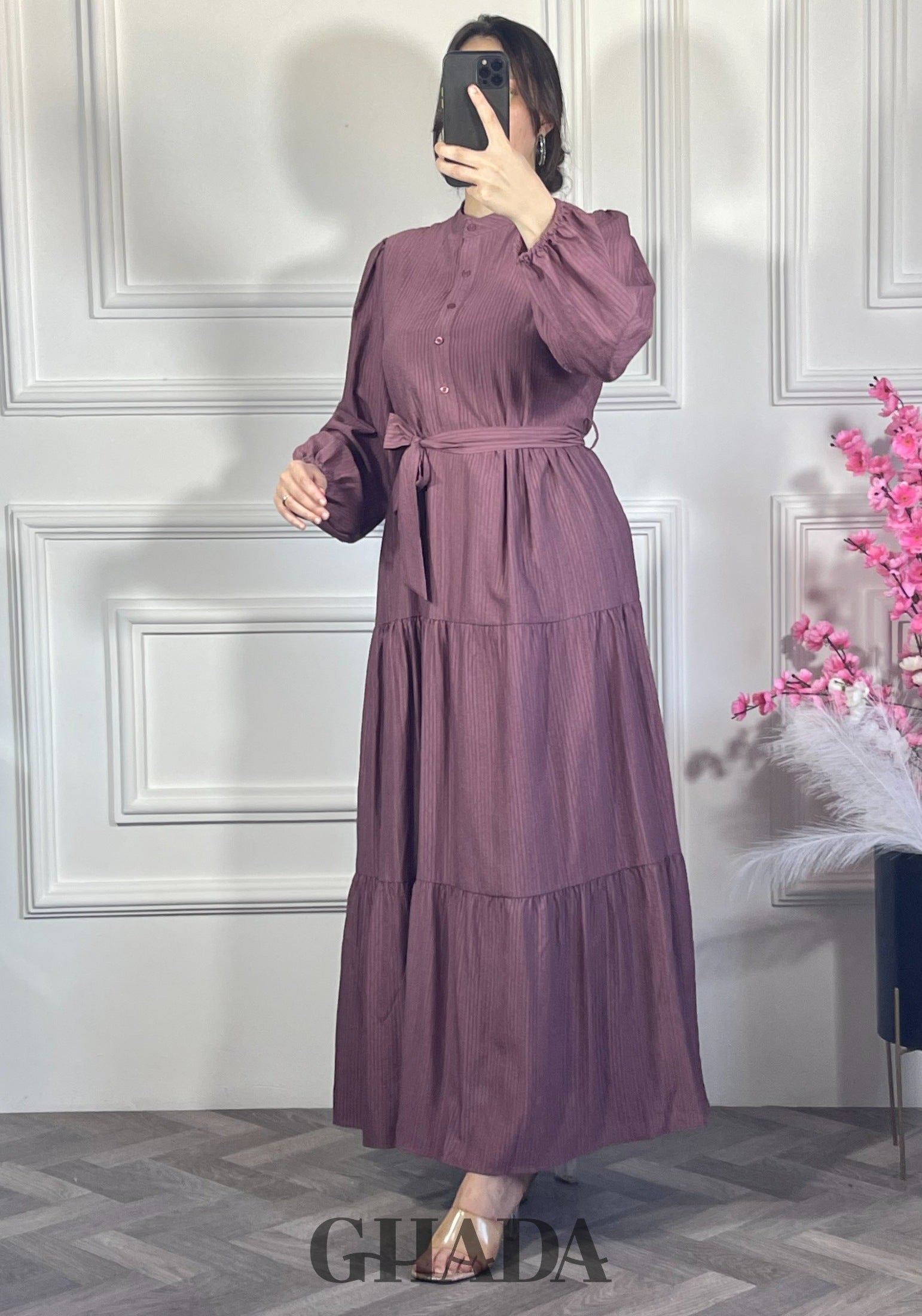 Robe en lin froissé - Mauve clair vue complète - robe longue femme - GHADA FASHION