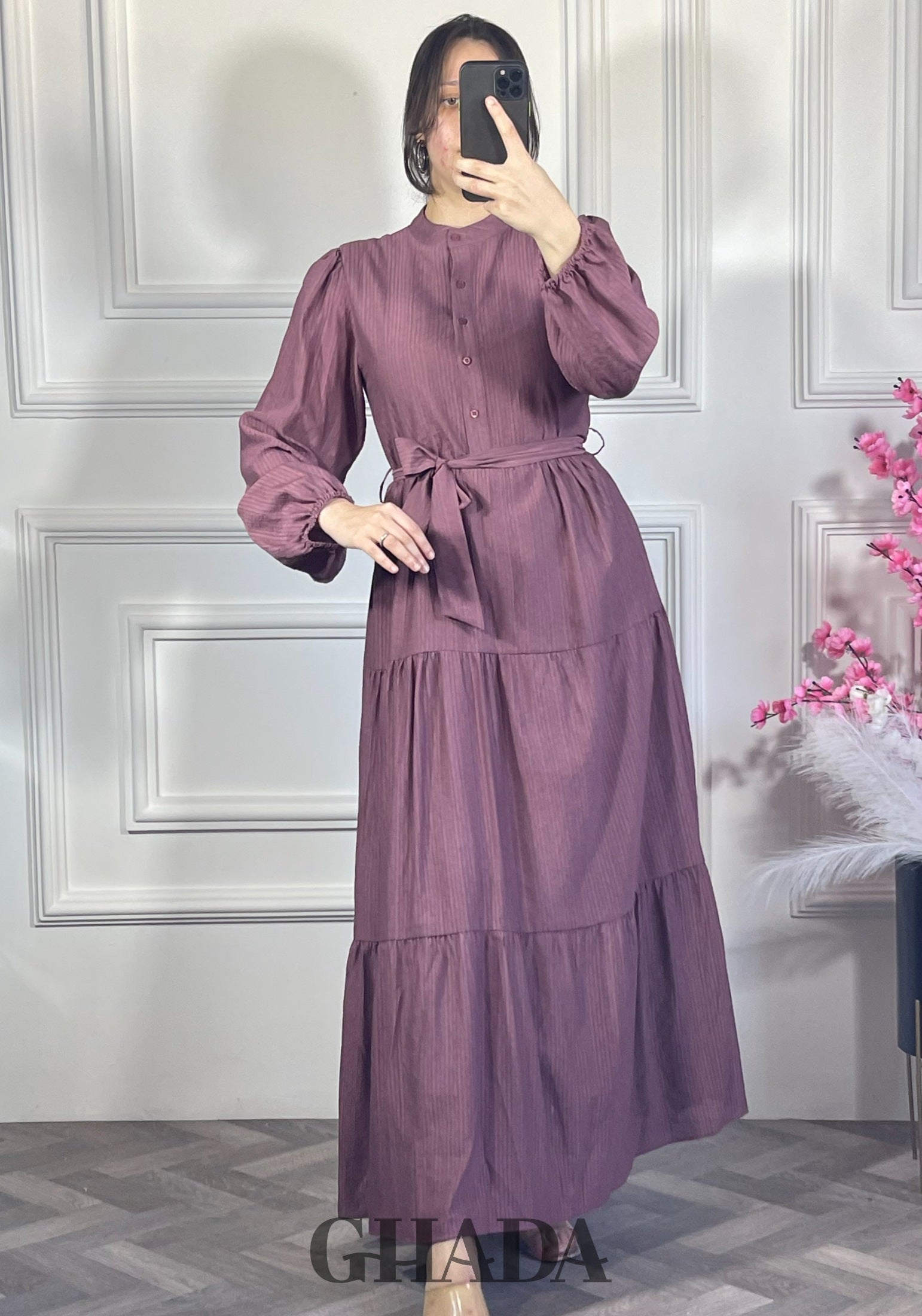 Robe en lin froissé - Mauve clair vue de face - robe longue femme - GHADA FASHION