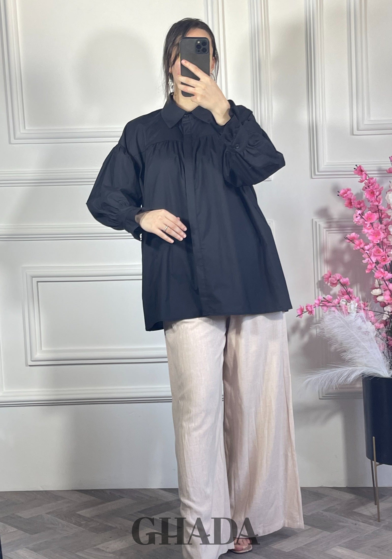 Chemise avec fronces - Noir détail broderie - chemise femme - GHADA FASHION