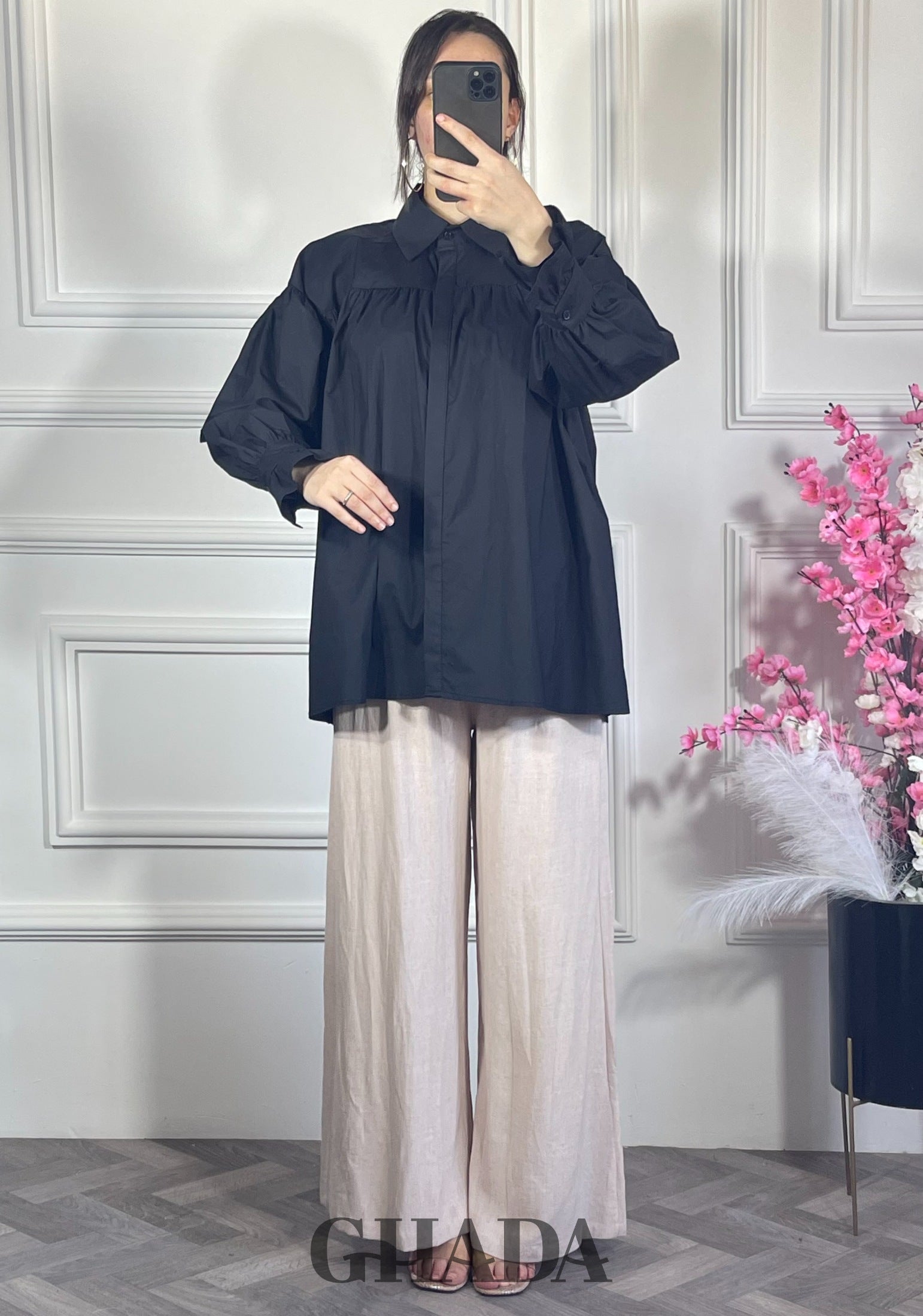 Chemise avec fronces - Noir vue complète - chemise femme - GHADA FASHION