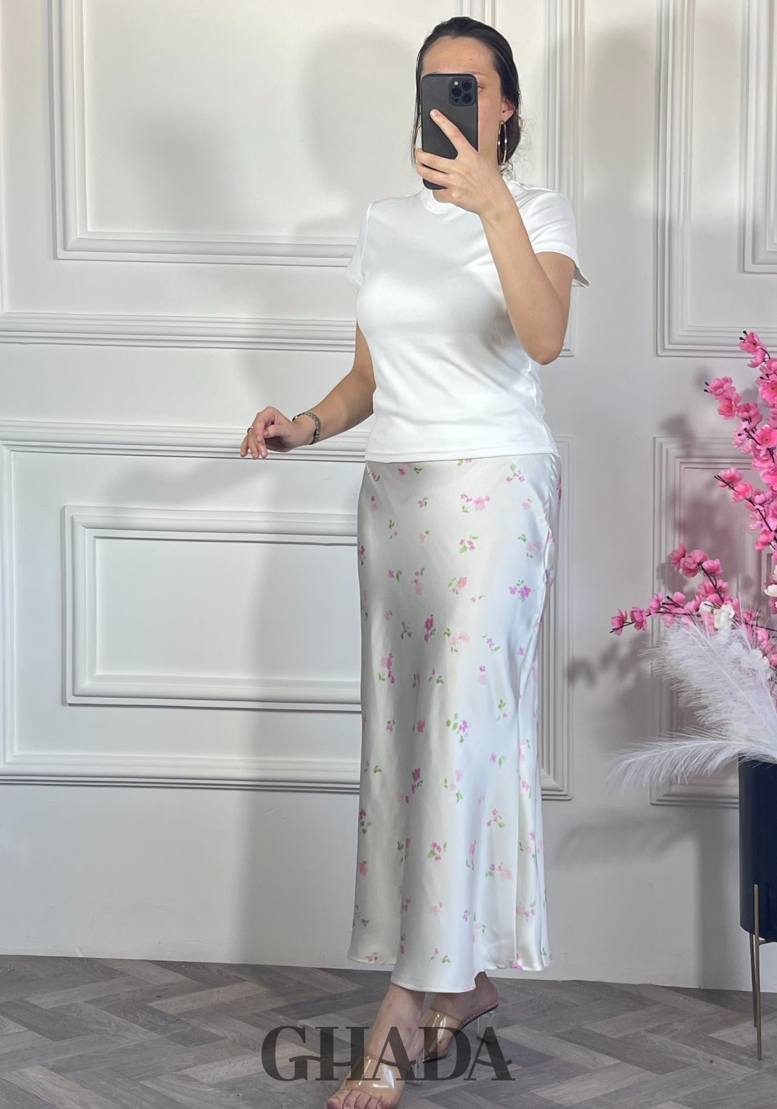 Jupe satinée - Florale détail broderie - jupe femme - GHADA FASHION