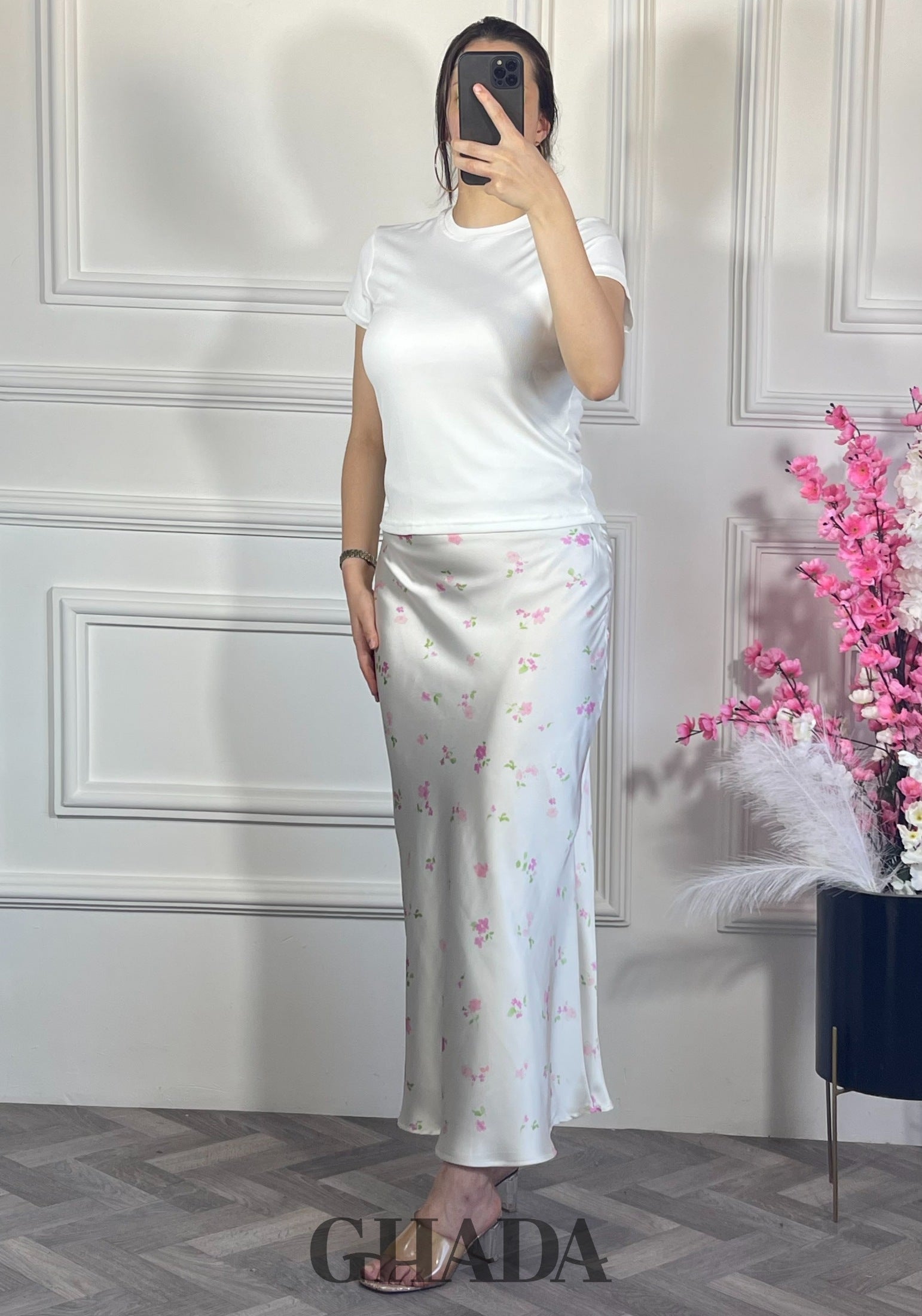 Jupe satinée - Florale vue complète - jupe femme - GHADA FASHION