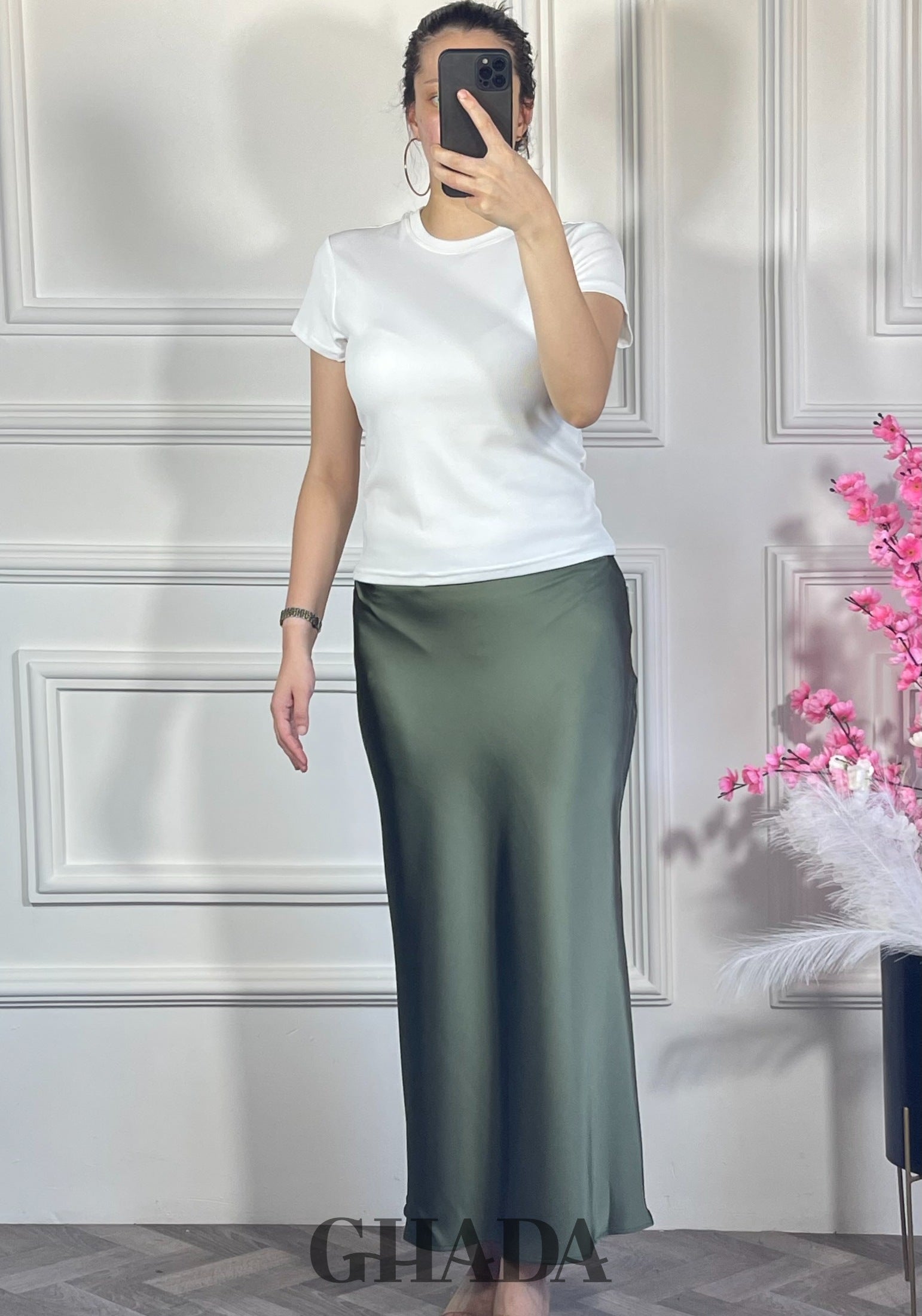 Jupe satinée - Vert kaki détail broderie - jupe femme - GHADA FASHION