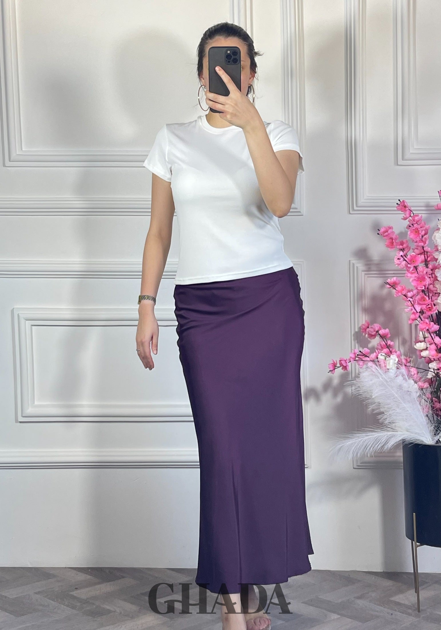 Jupe satinée - Violet vue de dos - jupe femme - GHADA FASHION