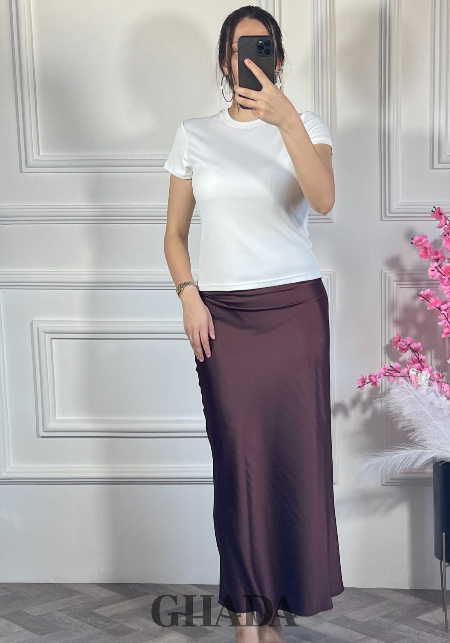 Jupe satinée - Marron  vue de dos - jupe femme - GHADA FASHION