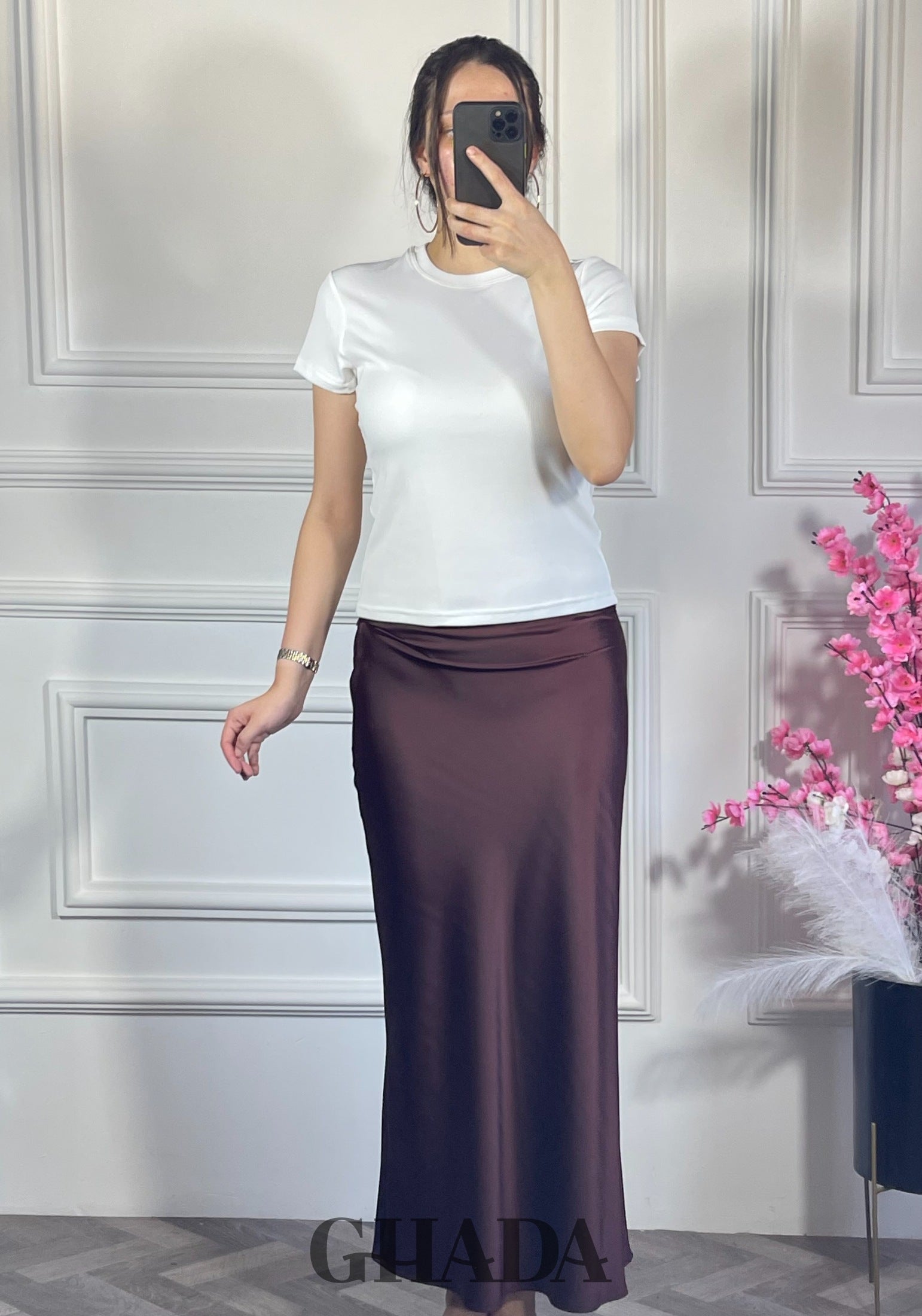 Jupe satinée - Marron  détail broderie - jupe femme - GHADA FASHION