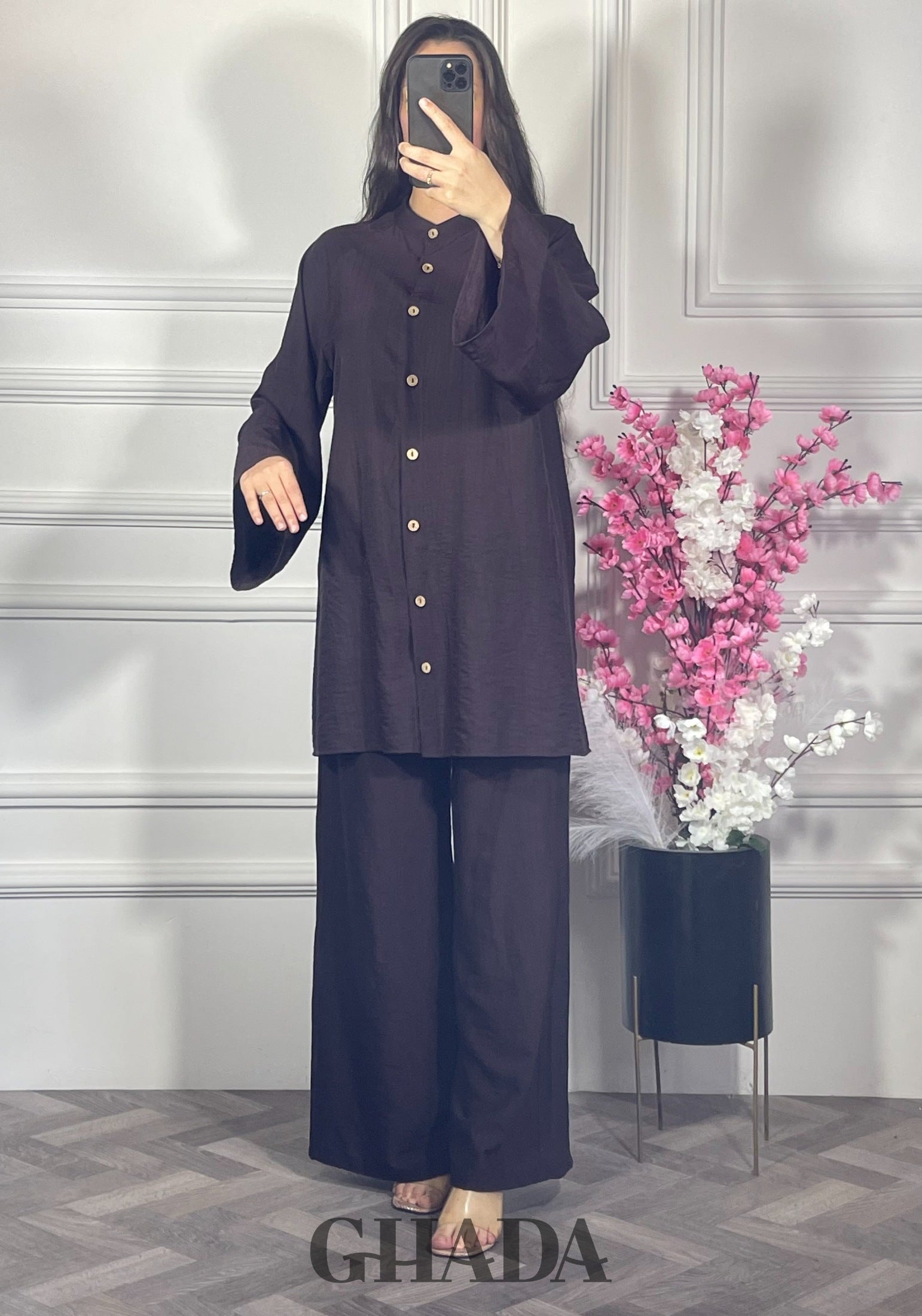 Ensemble brodé en lin  - Marron chocolat détail broderie - ensemble femme - GHADA FASHION