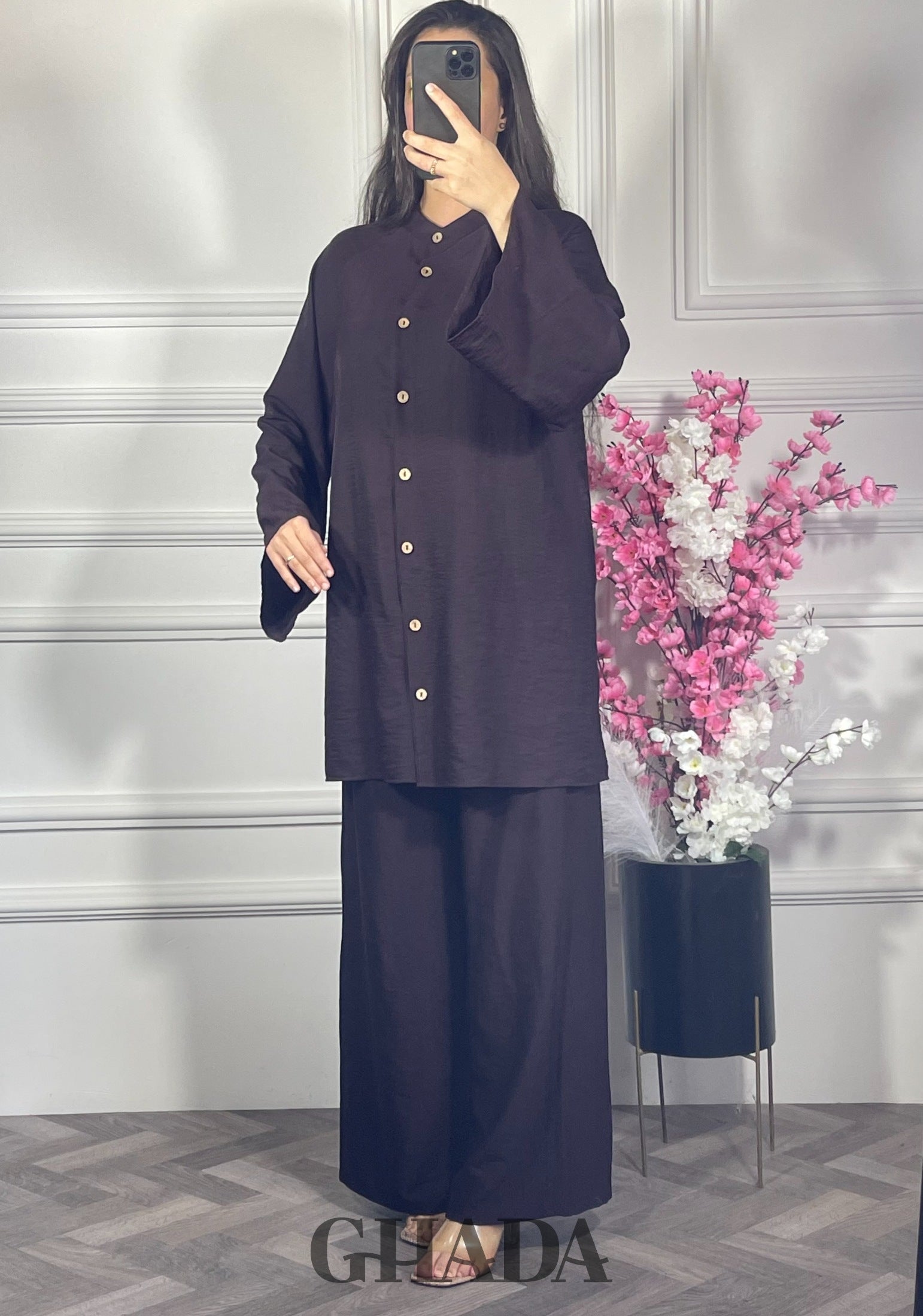 Ensemble brodé en lin  - Marron chocolat vue complète - ensemble femme - GHADA FASHION