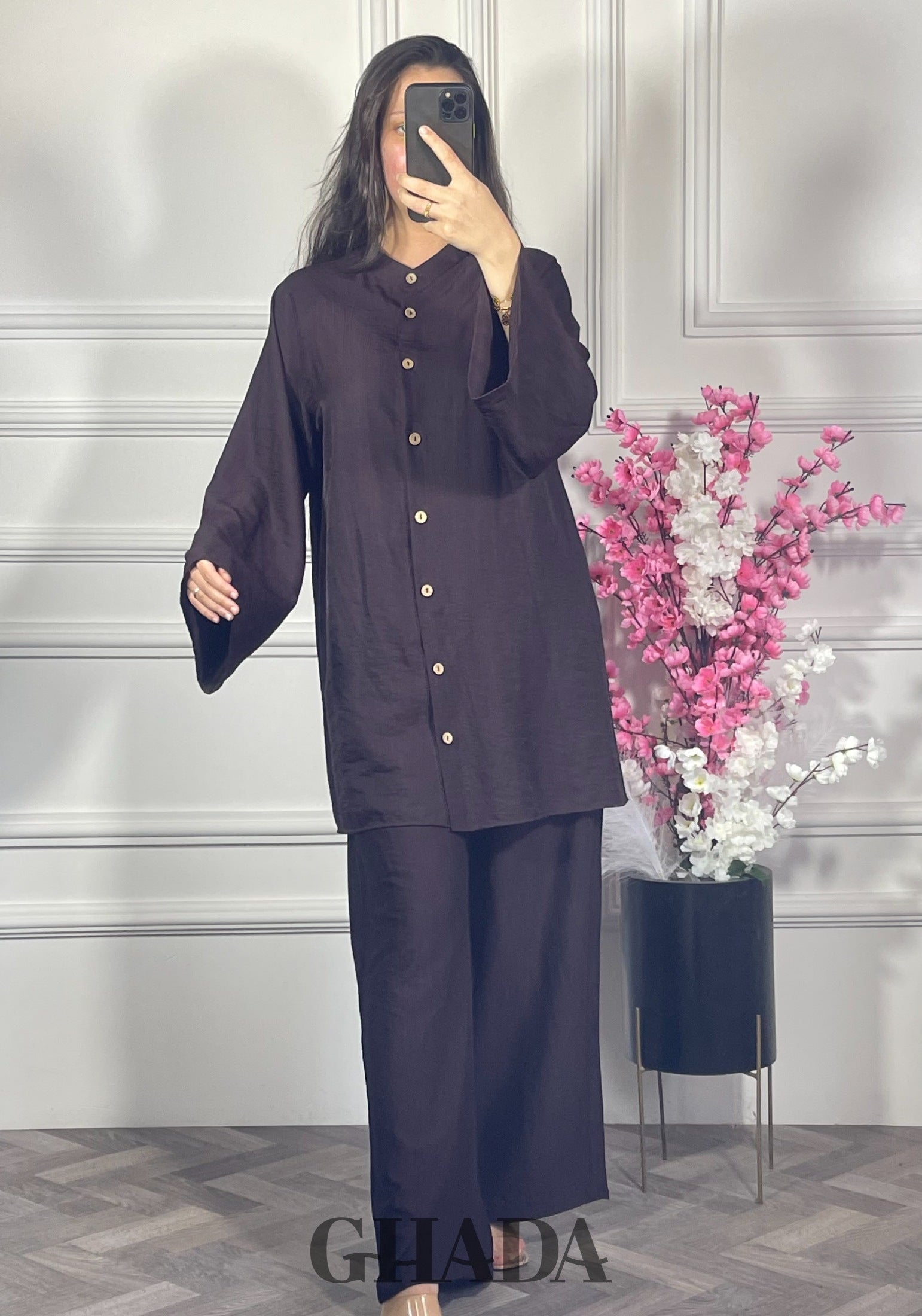 Ensemble brodé en lin  - Marron chocolat vue de dos - ensemble femme - GHADA FASHION