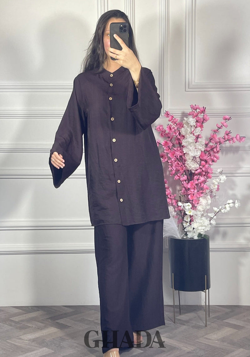 Ensemble brodé en lin  - Marron chocolat