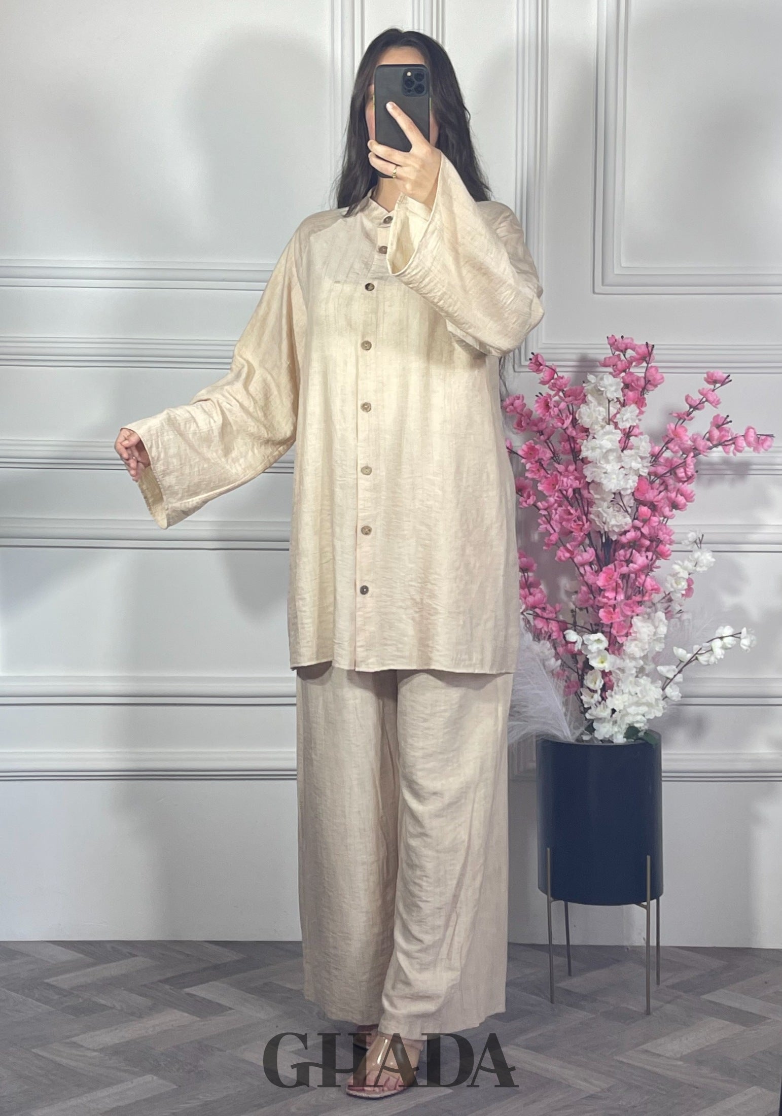 Ensemble brodé en lin  - Beige détail broderie - ensemble femme - GHADA FASHION