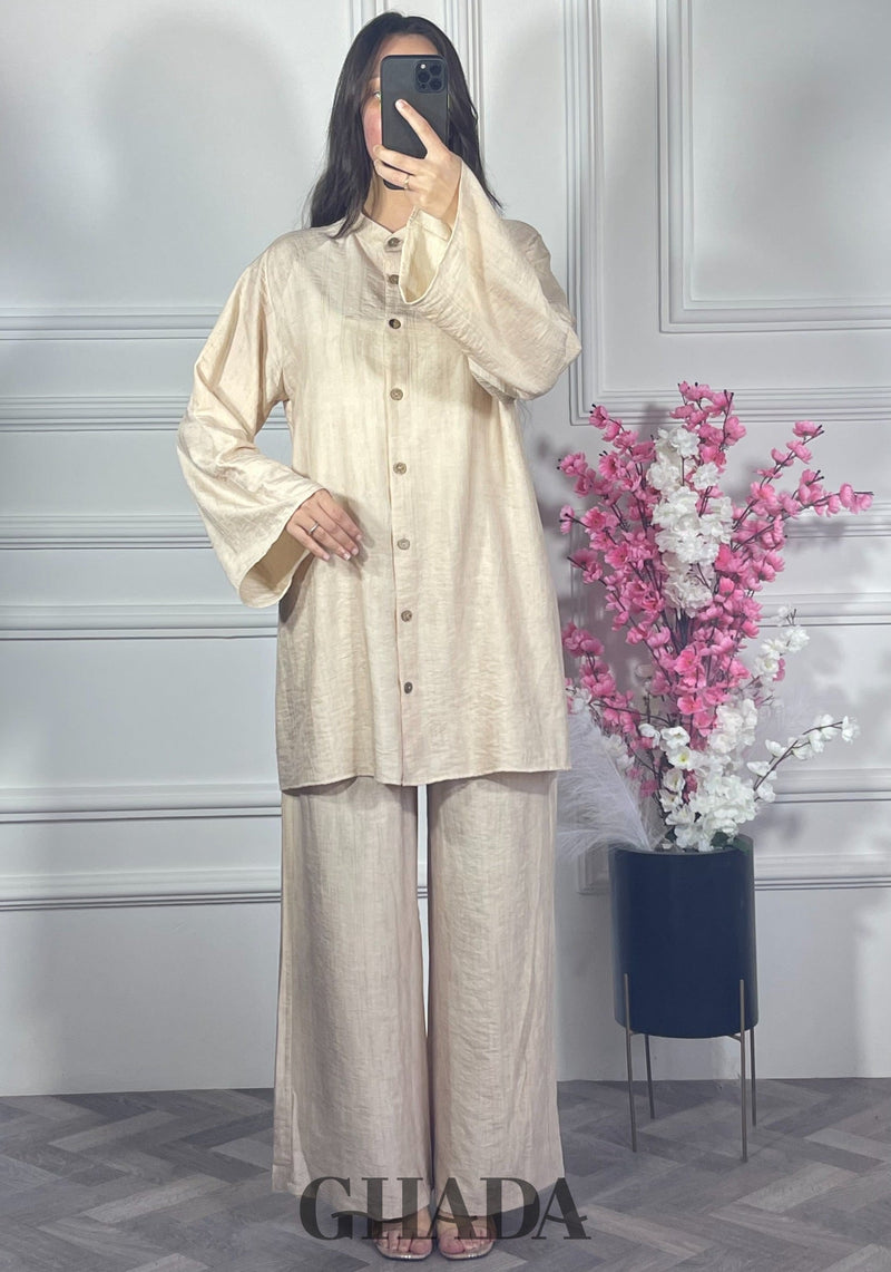 Ensemble brodé en lin  - Beige