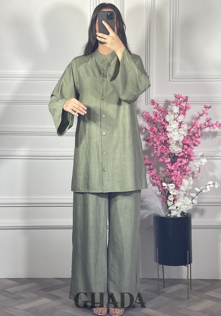 Ensemble brodé en lin  - Vert kaki