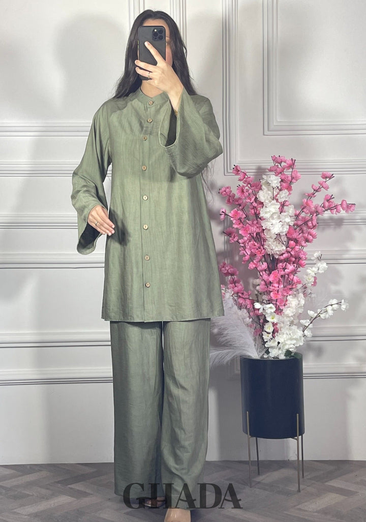 Ensemble brodé en lin  - Vert kaki