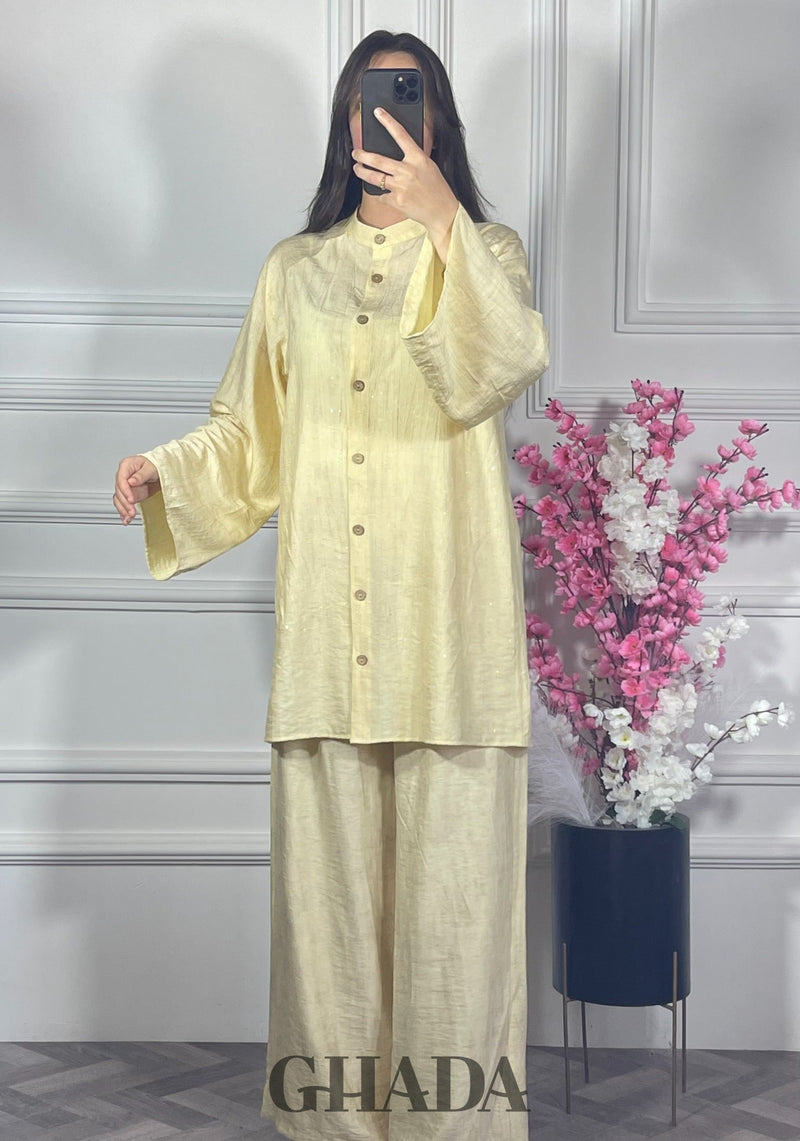 Ensemble brodé en lin  - Jaune beurre