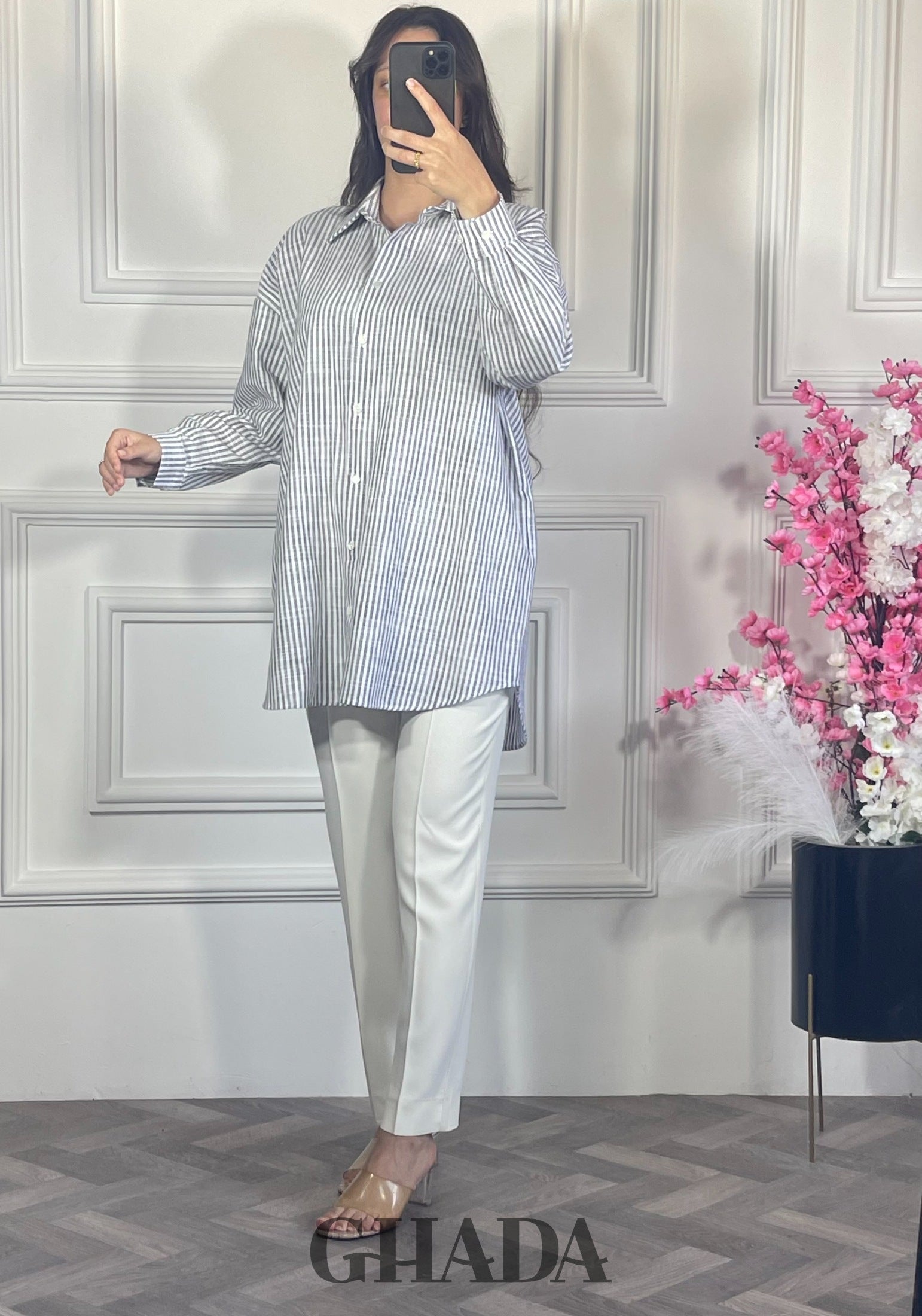 Chemise à rayures boutonnée - Bleu marine détail broderie - chemise femme - GHADA FASHION