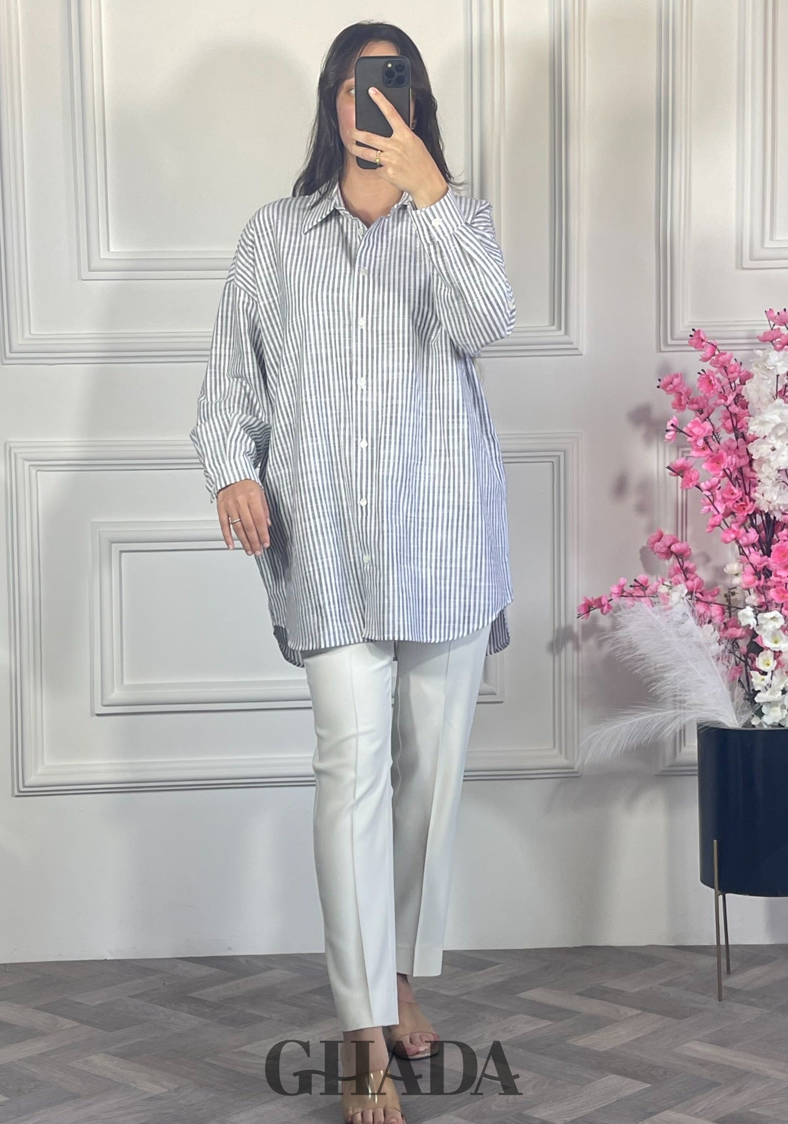 Chemise à rayures boutonnée - Bleu marine vue complète - chemise femme - GHADA FASHION