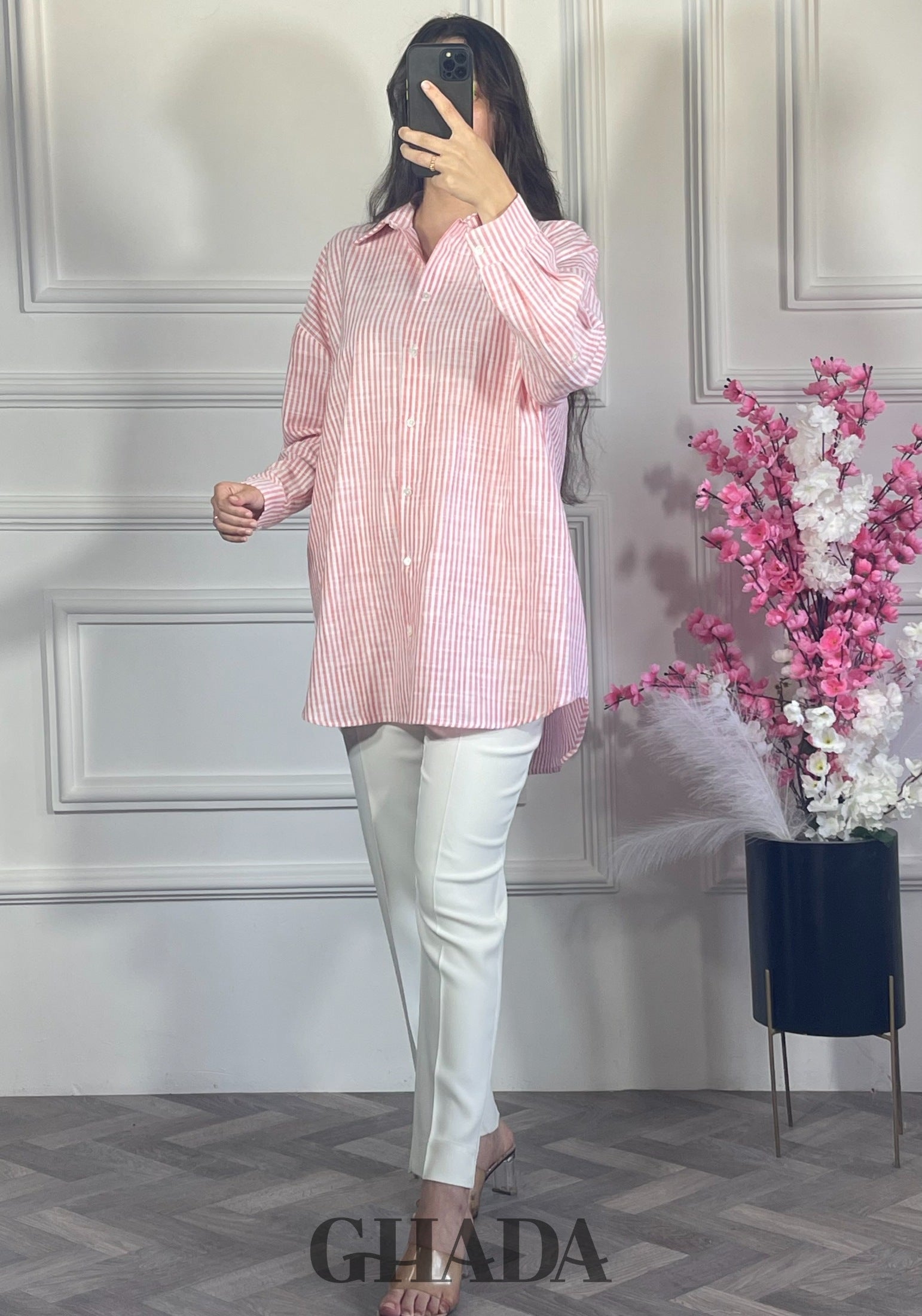 Chemise à rayures boutonnée - Rose détail broderie - chemise femme - GHADA FASHION