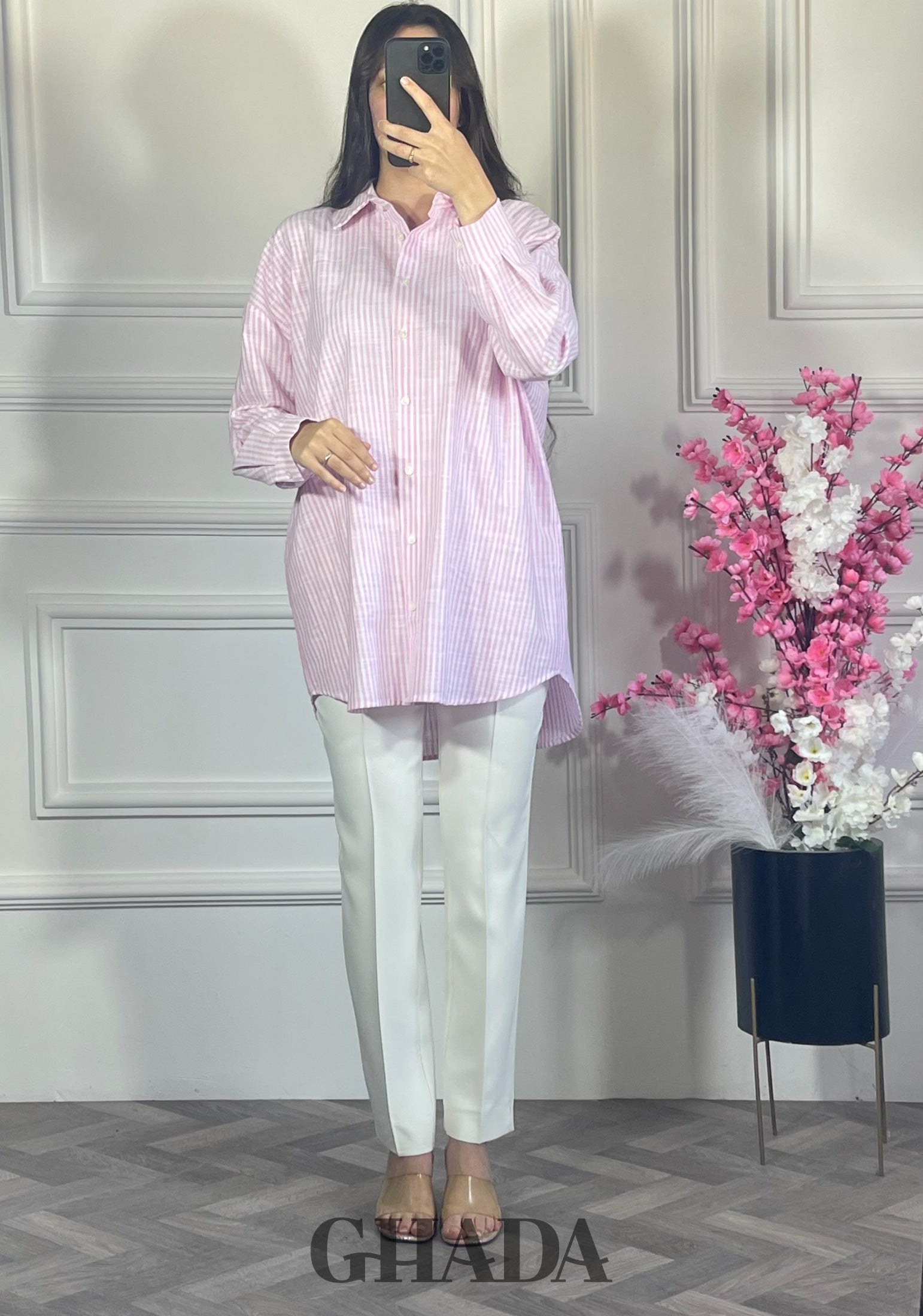 Chemise à rayures boutonnée - mauve clair vue de dos - chemise femme - GHADA FASHION