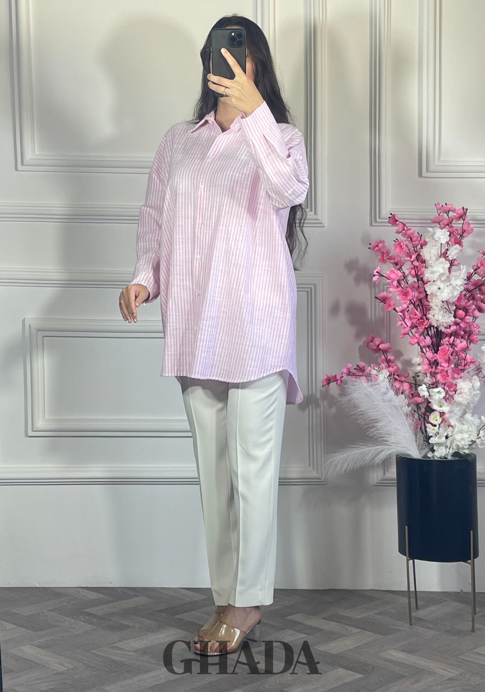 Chemise à rayures boutonnée - mauve clair détail broderie - chemise femme - GHADA FASHION