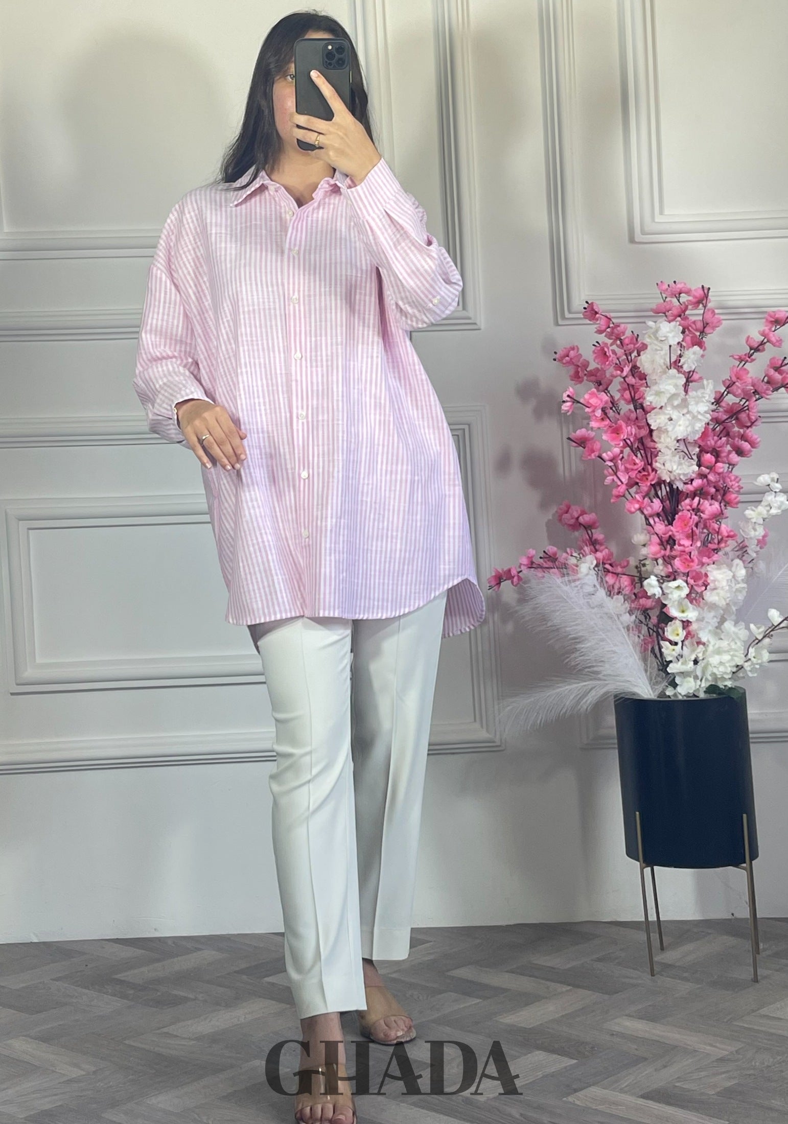 Chemise à rayures boutonnée - mauve clair vue de face - chemise femme - GHADA FASHION