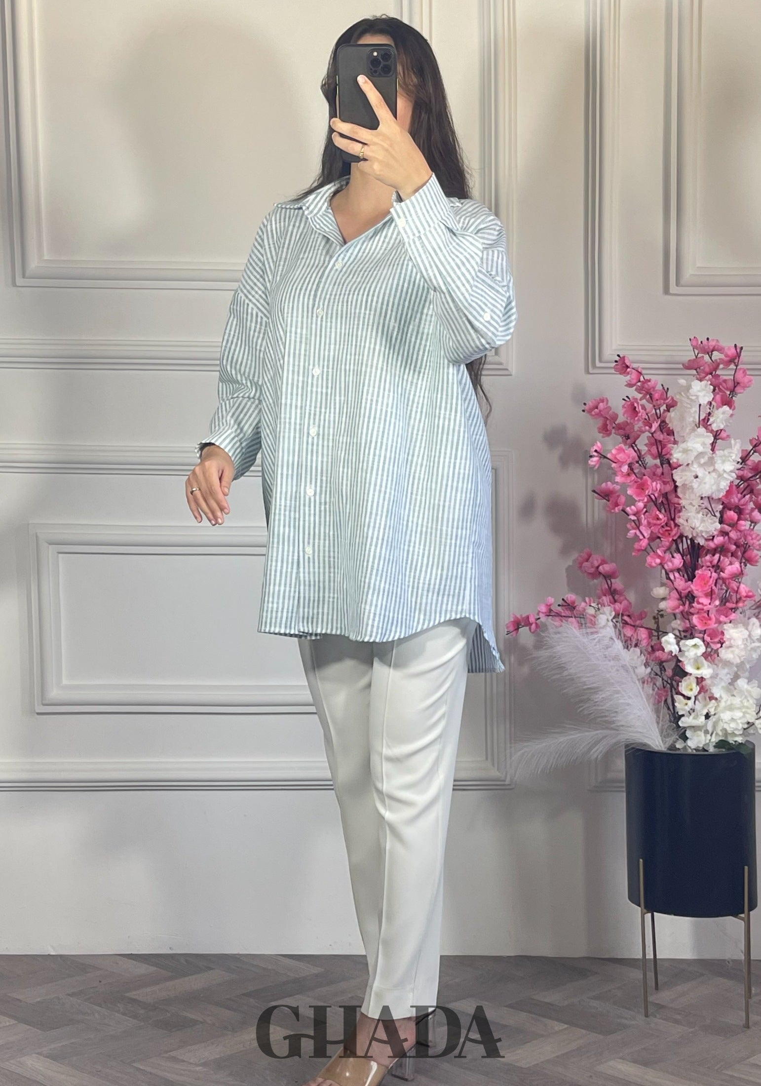 Chemise à rayures boutonnée - Bleu ciel détail broderie - chemise femme - GHADA FASHION