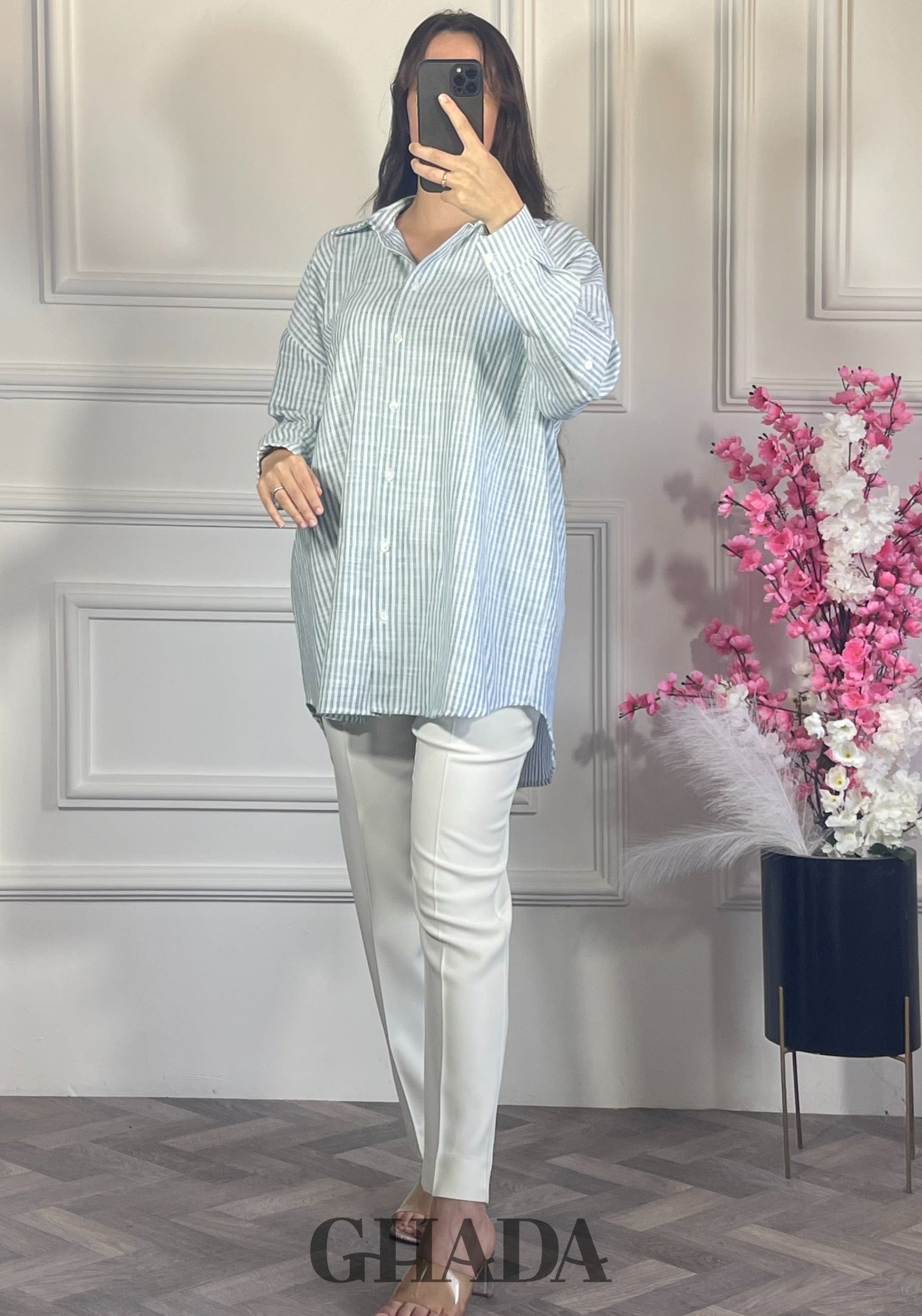Chemise à rayures boutonnée - Bleu ciel vue complète - chemise femme - GHADA FASHION
