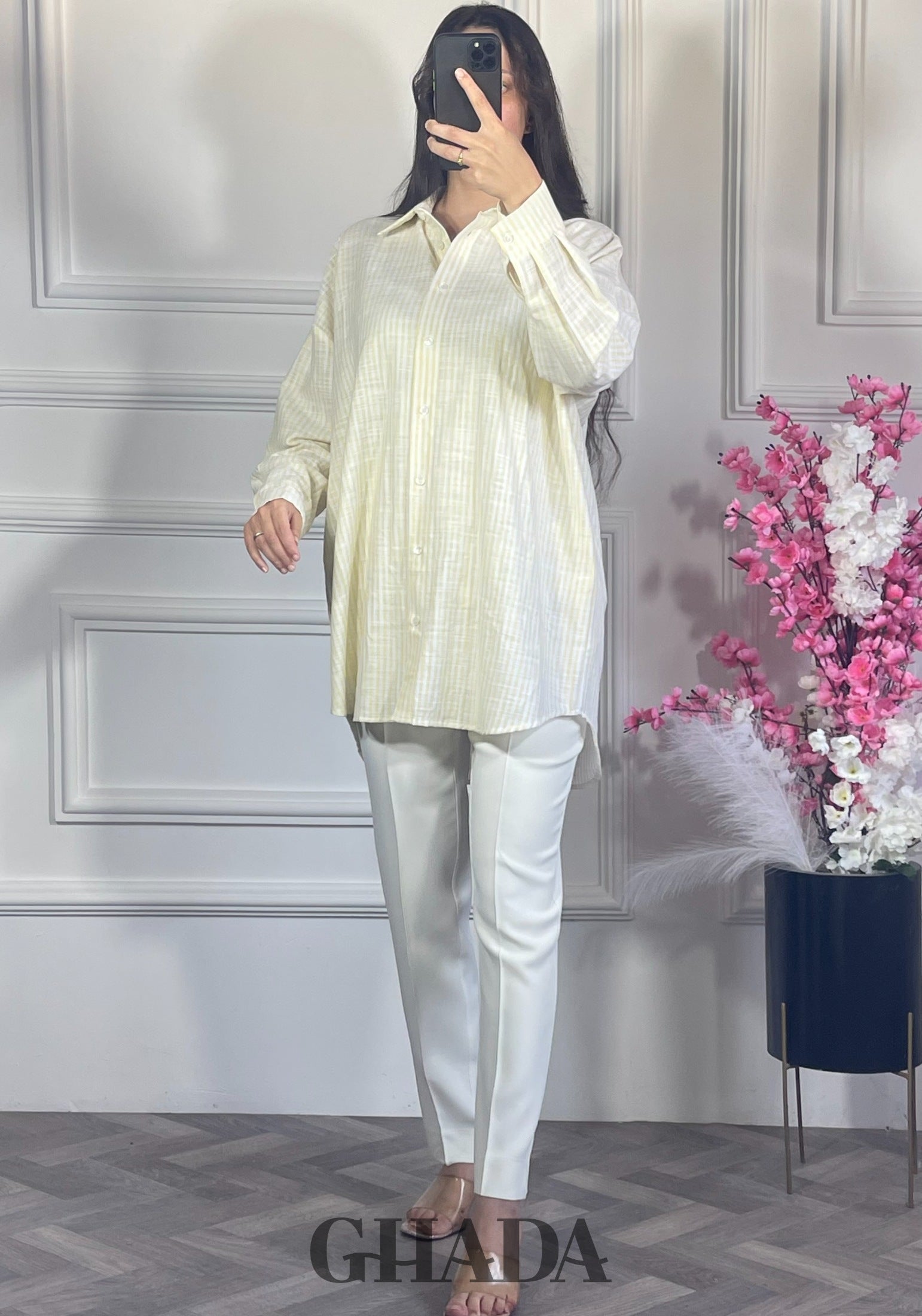 Chemise à rayures boutonnée - Jaune vue complète - chemise femme - GHADA FASHION