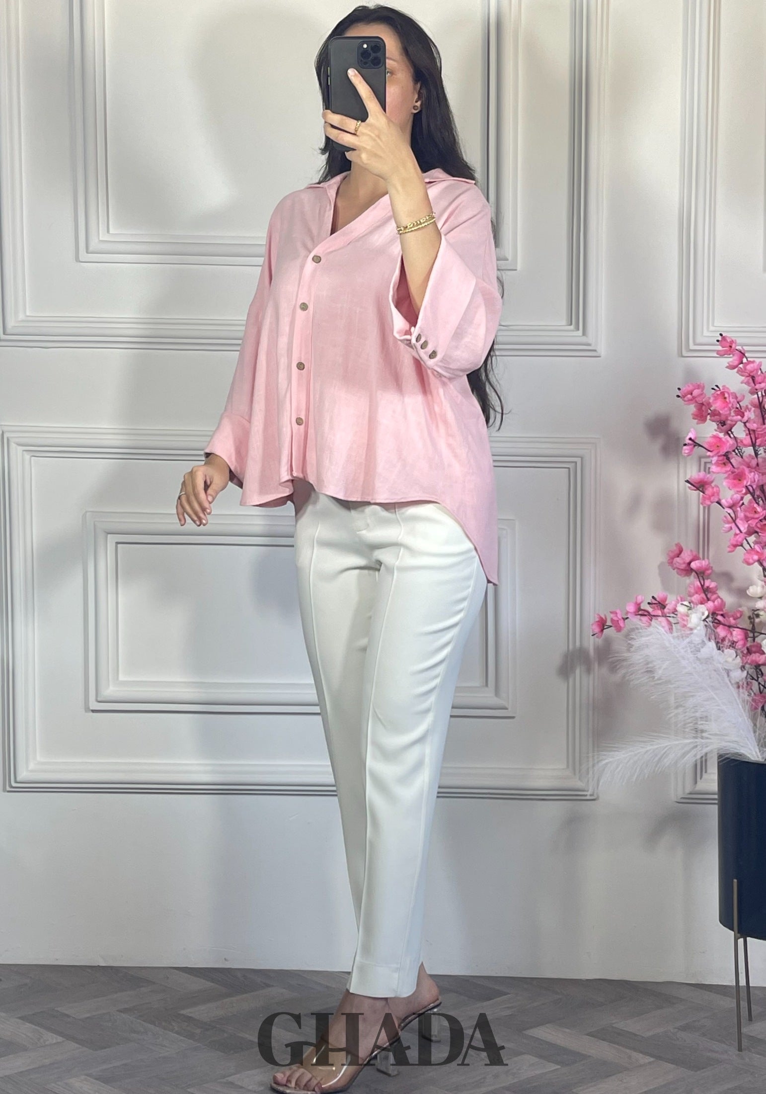 Chemise avec manches trois quarts - Rose détail broderie - chemise femme - GHADA FASHION
