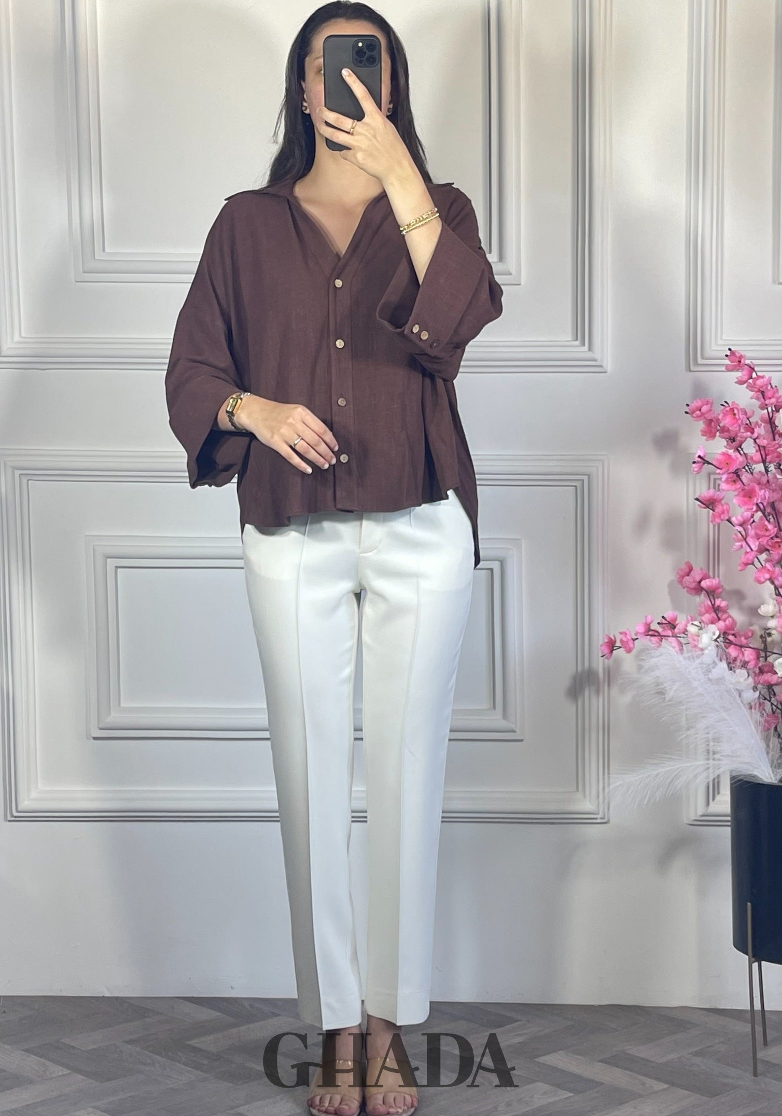 Chemise avec manches trois quarts - Marron chocolat vue de dos - chemise femme - GHADA FASHION