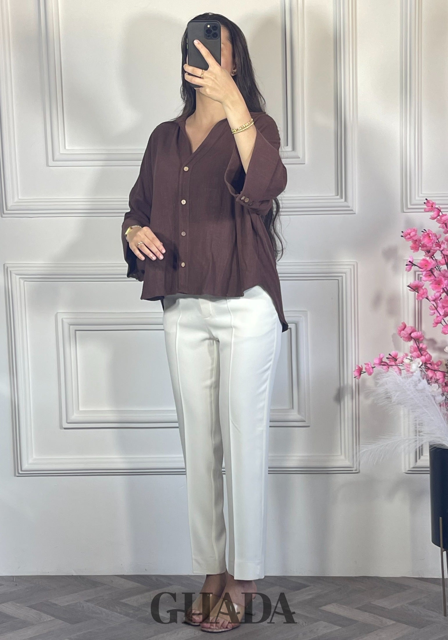 Chemise avec manches trois quarts - Marron chocolat vue complète - chemise femme - GHADA FASHION