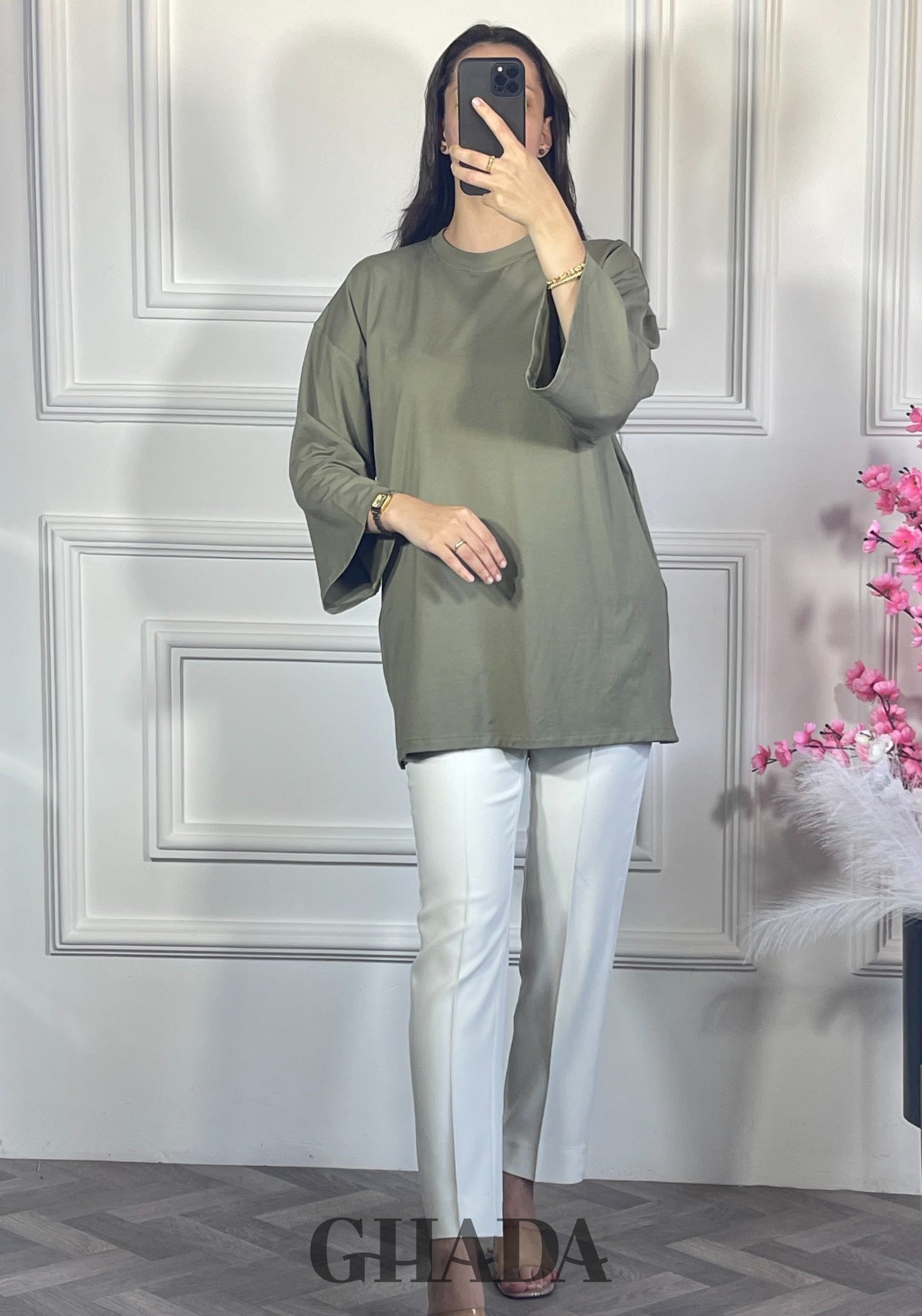 Pull avec manches trois quarts - Vert kaki vue complète - chemise femme - GHADA FASHION