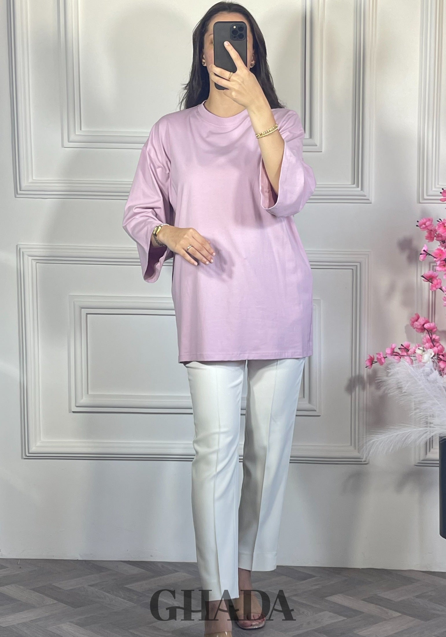 Pull avec manches trois quarts - Mauve vue de face - chemise femme - GHADA FASHION