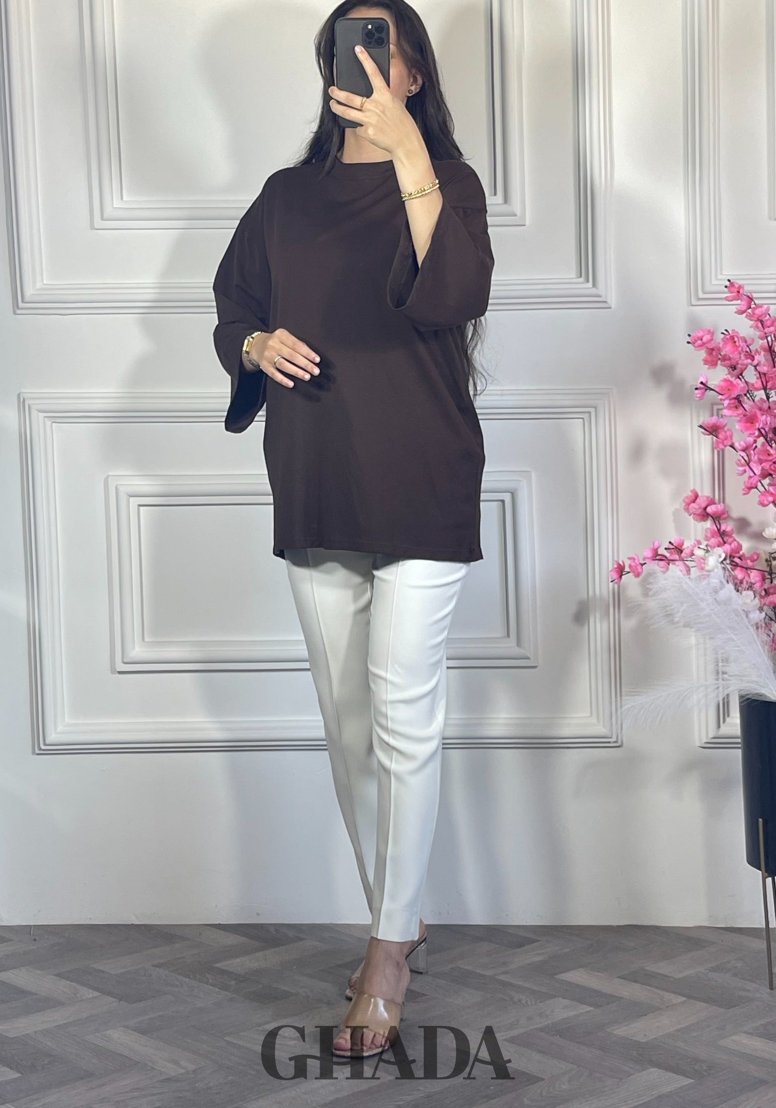 Pull avec manches trois quarts - Marron chocolat détail broderie - chemise femme - GHADA FASHION
