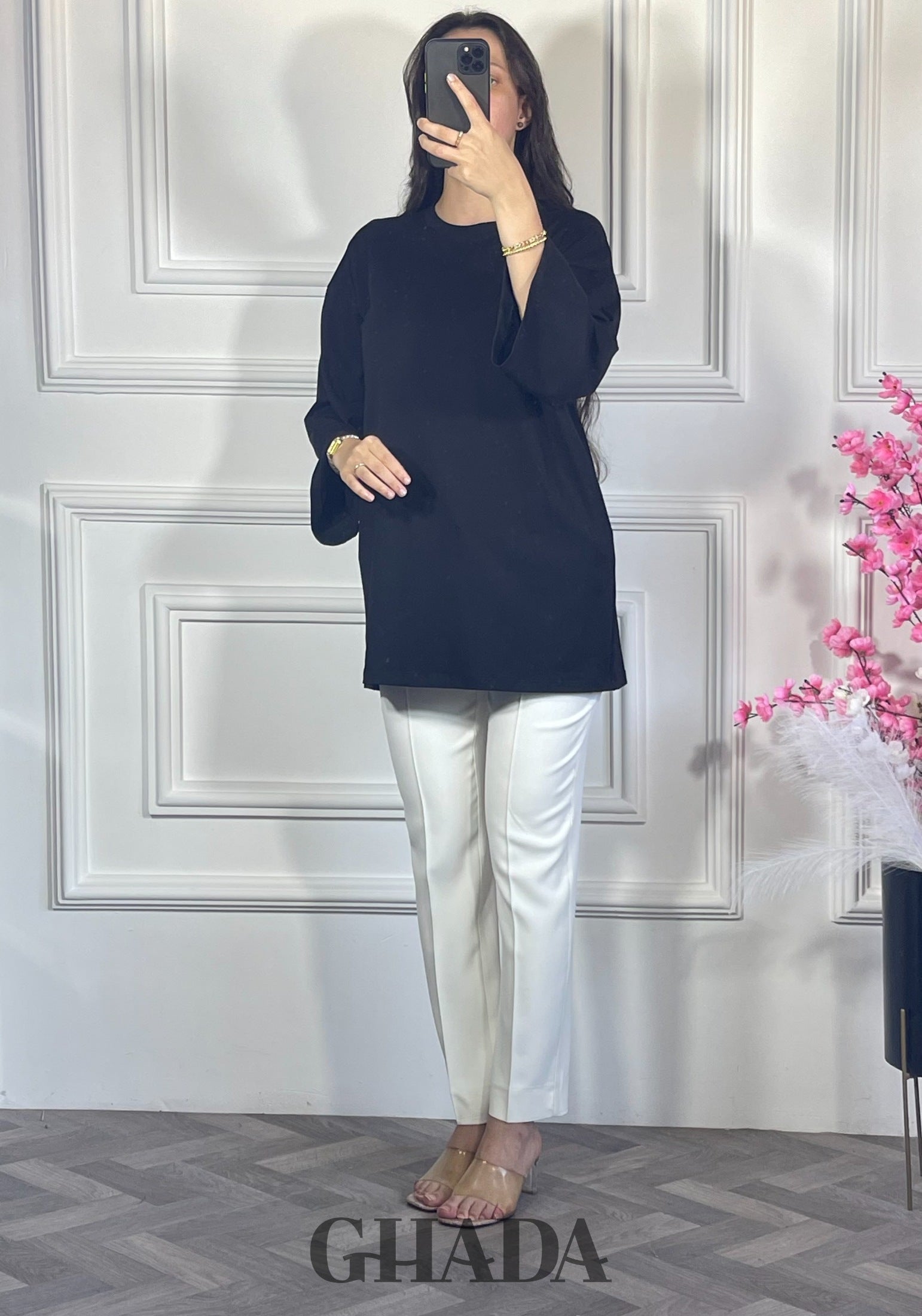 Pull avec manches trois quarts - Noir détail broderie - chemise femme - GHADA FASHION