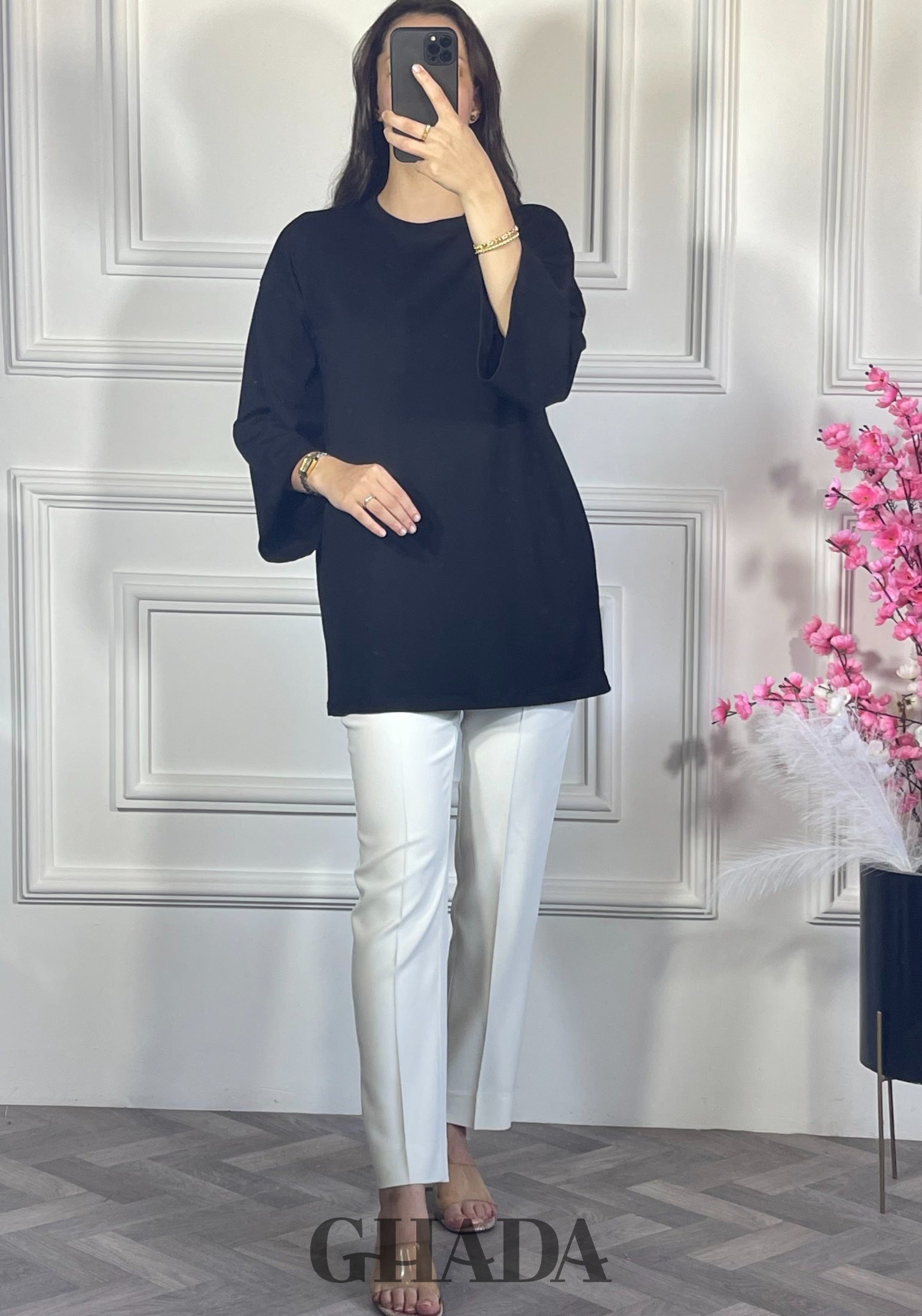 Pull avec manches trois quarts - Noir vue complète - chemise femme - GHADA FASHION