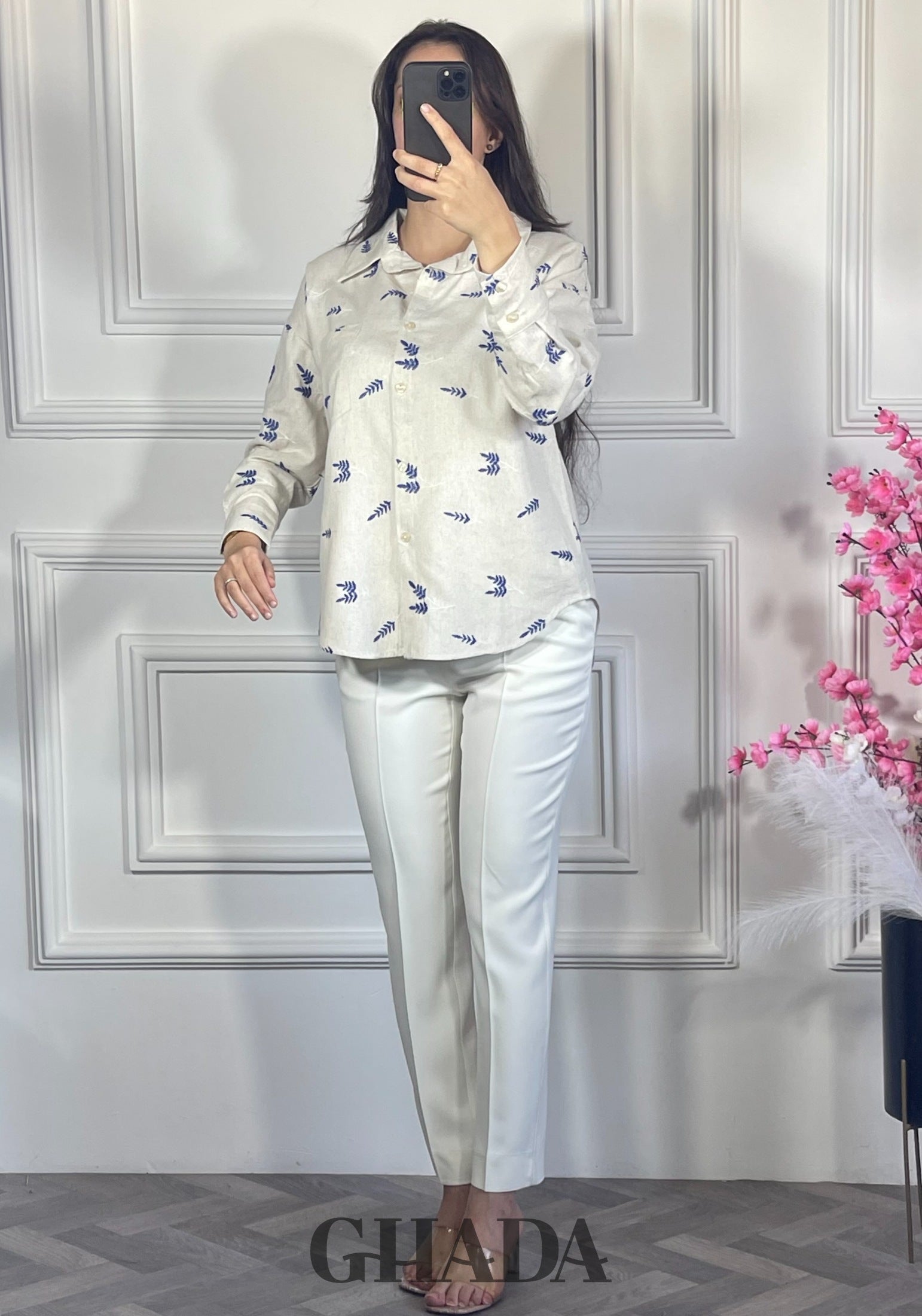 Chemise à motif - Bleu vue complète - chemise femme - GHADA FASHION