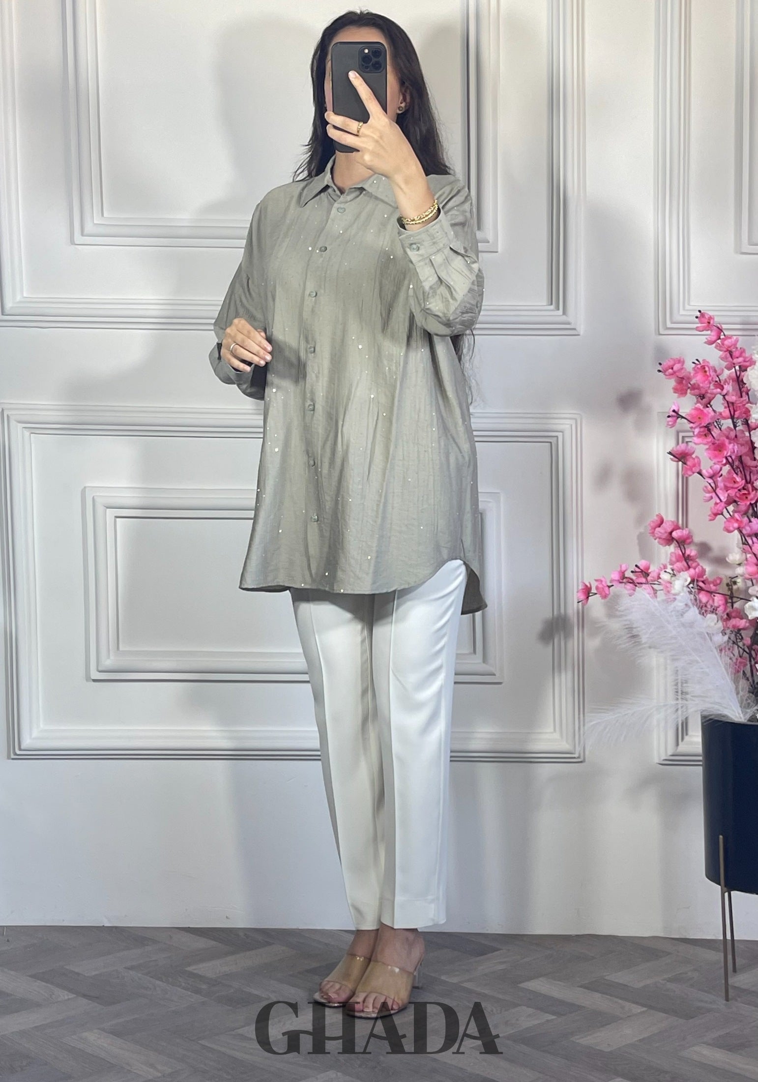 Chemise avec strass - Vert kaki détail broderie - chemise femme - GHADA FASHION