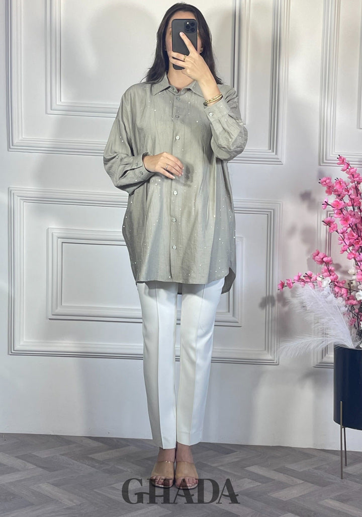 Chemise avec strass - Vert kaki