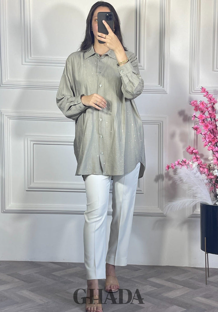 Chemise avec strass - Vert kaki