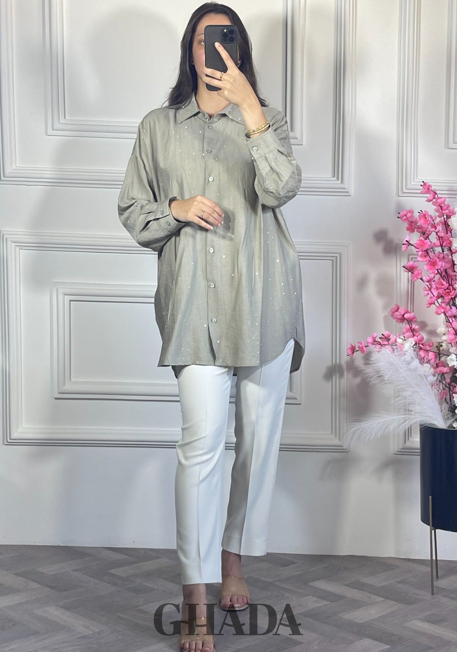 Chemise avec strass - Vert kaki vue de face - chemise femme - GHADA FASHION