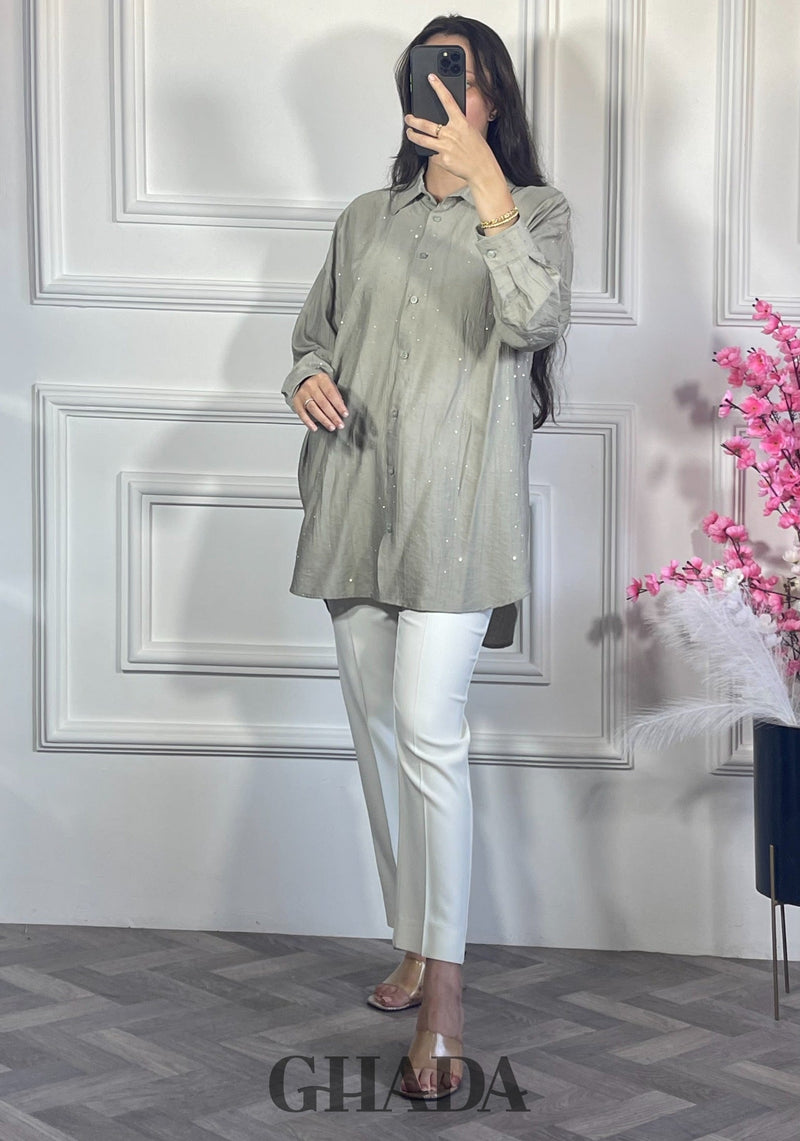 Chemise avec strass - Vert kaki