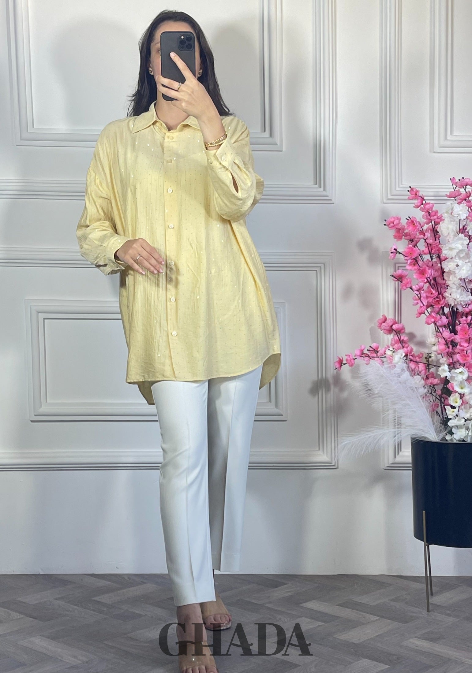 Chemise avec strass - Jaune vue de face - chemise femme - GHADA FASHION