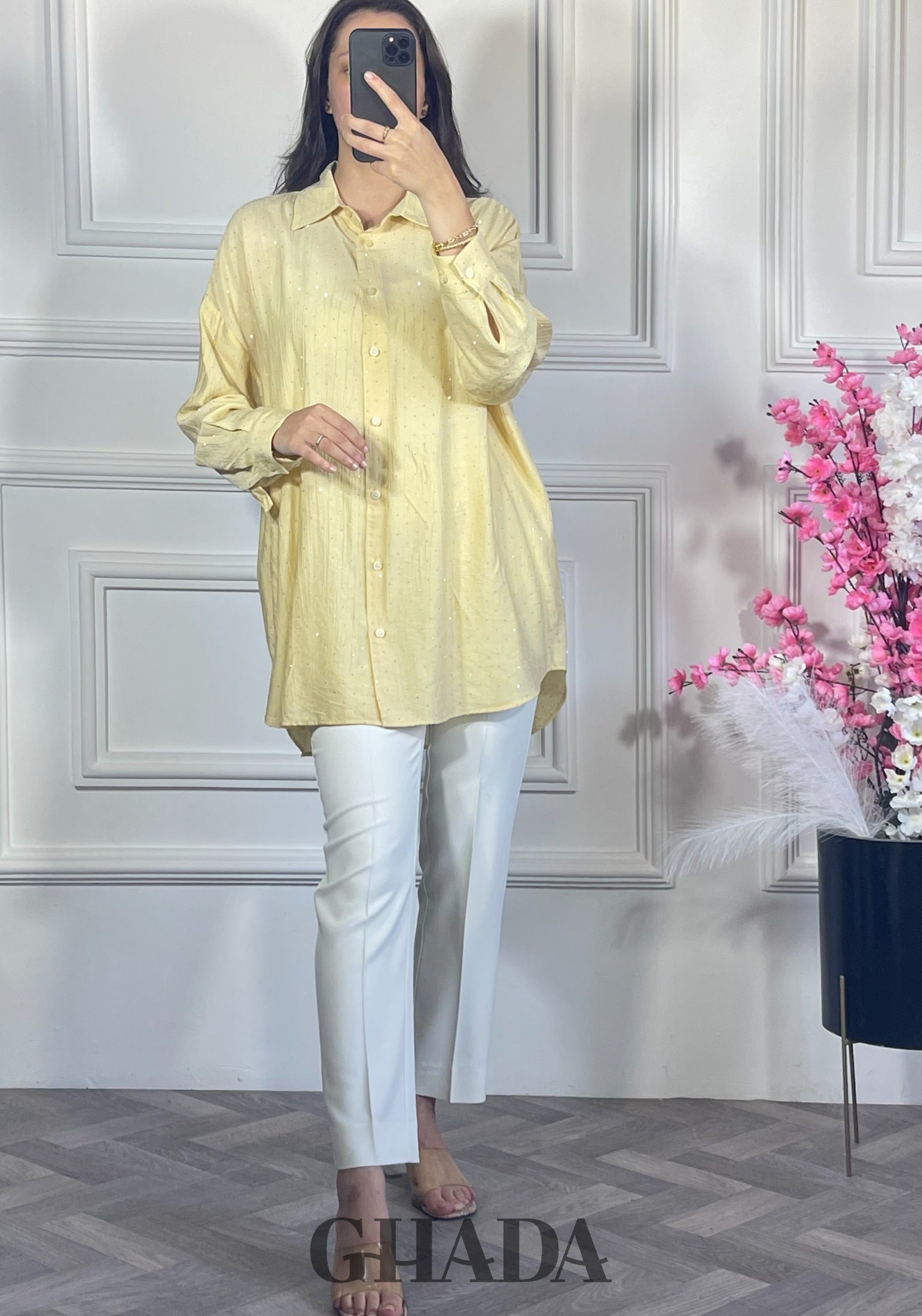 Chemise avec strass - Jaune vue complète - chemise femme - GHADA FASHION