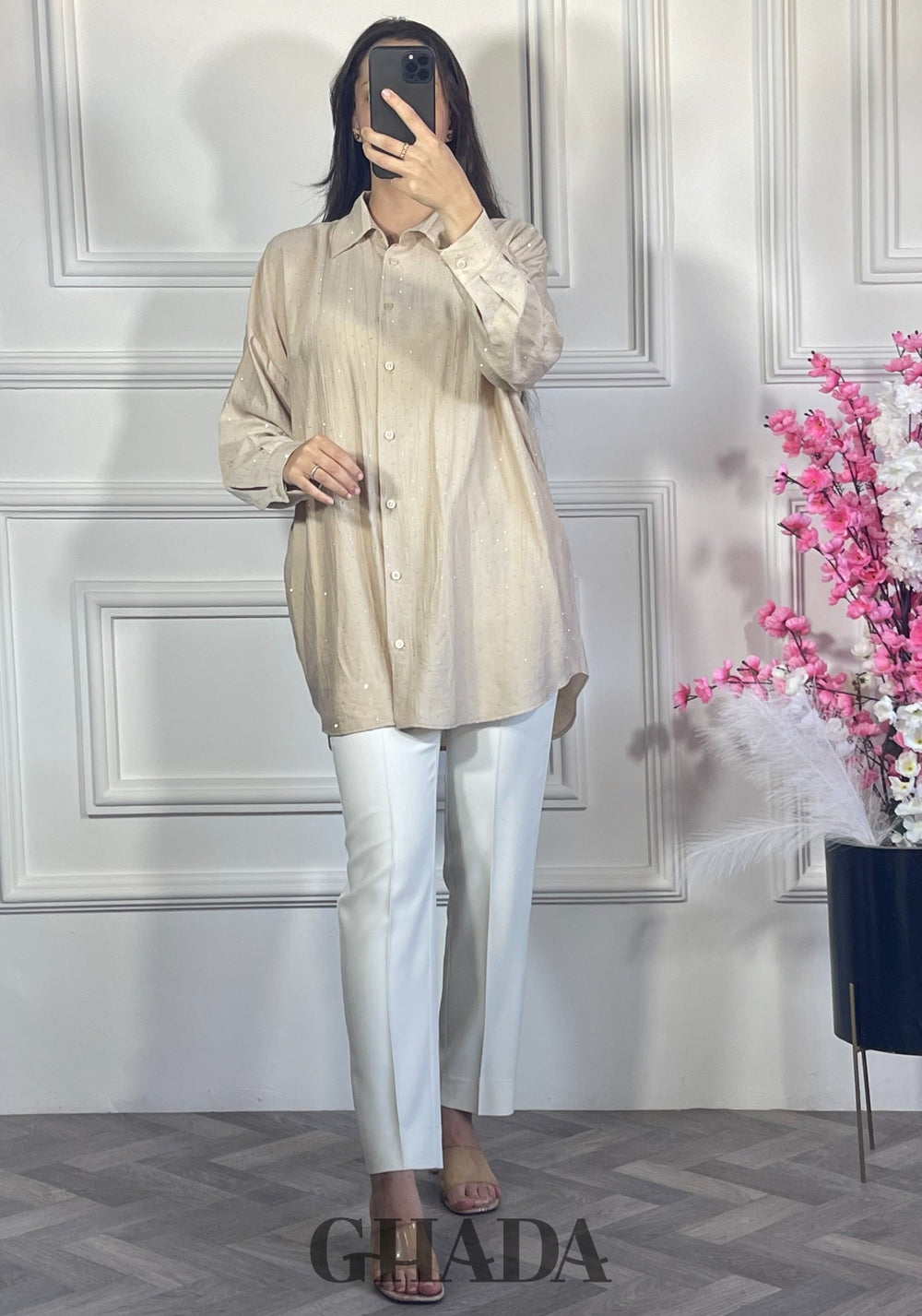 Chemise avec strass - Beige
