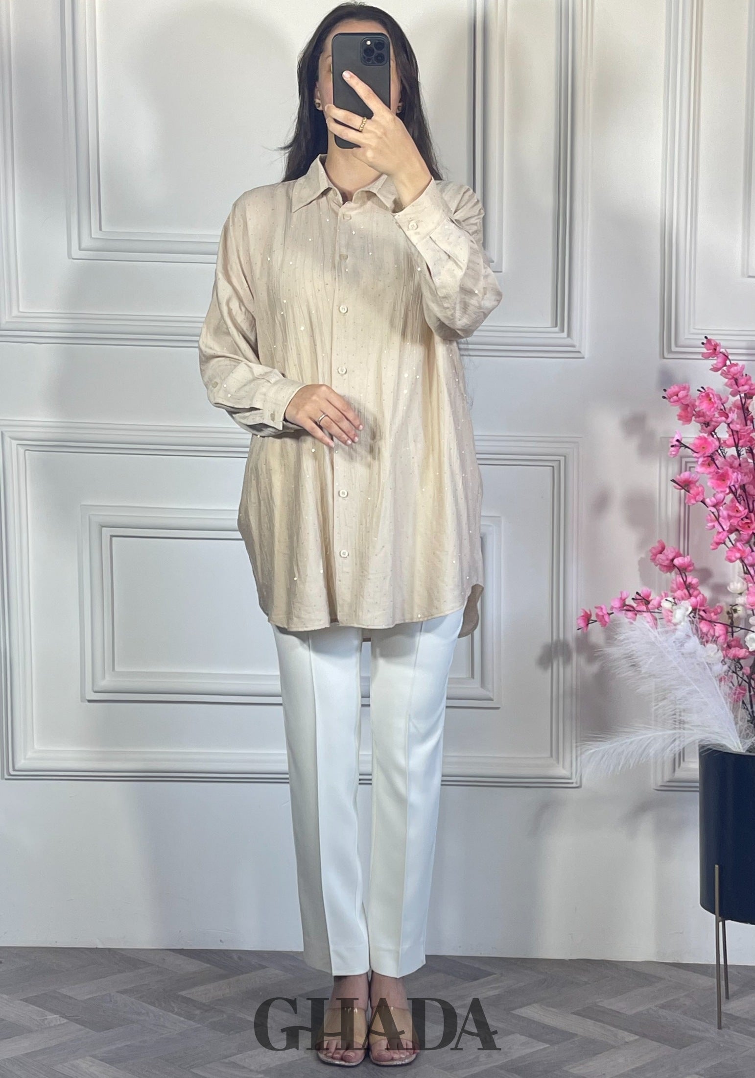 Chemise avec strass - Beige détail broderie - chemise femme - GHADA FASHION