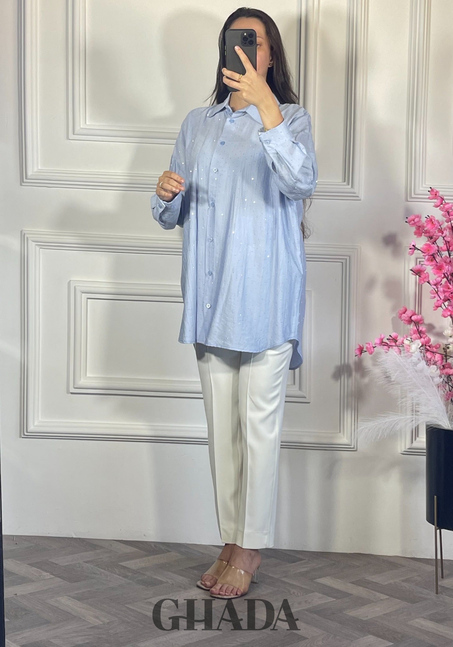Chemise avec strass - Bleu ciel détail broderie - chemise femme - GHADA FASHION