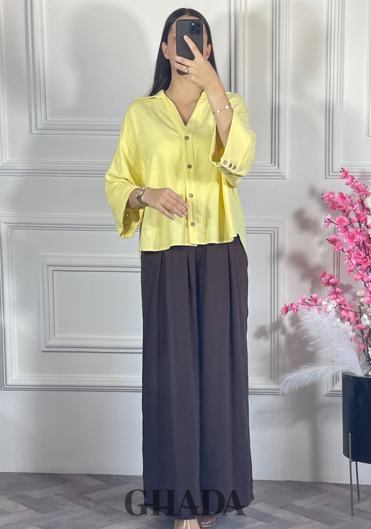 Chemise avec manches trois quarts - Jaune vue complète - chemise femme - GHADA FASHION