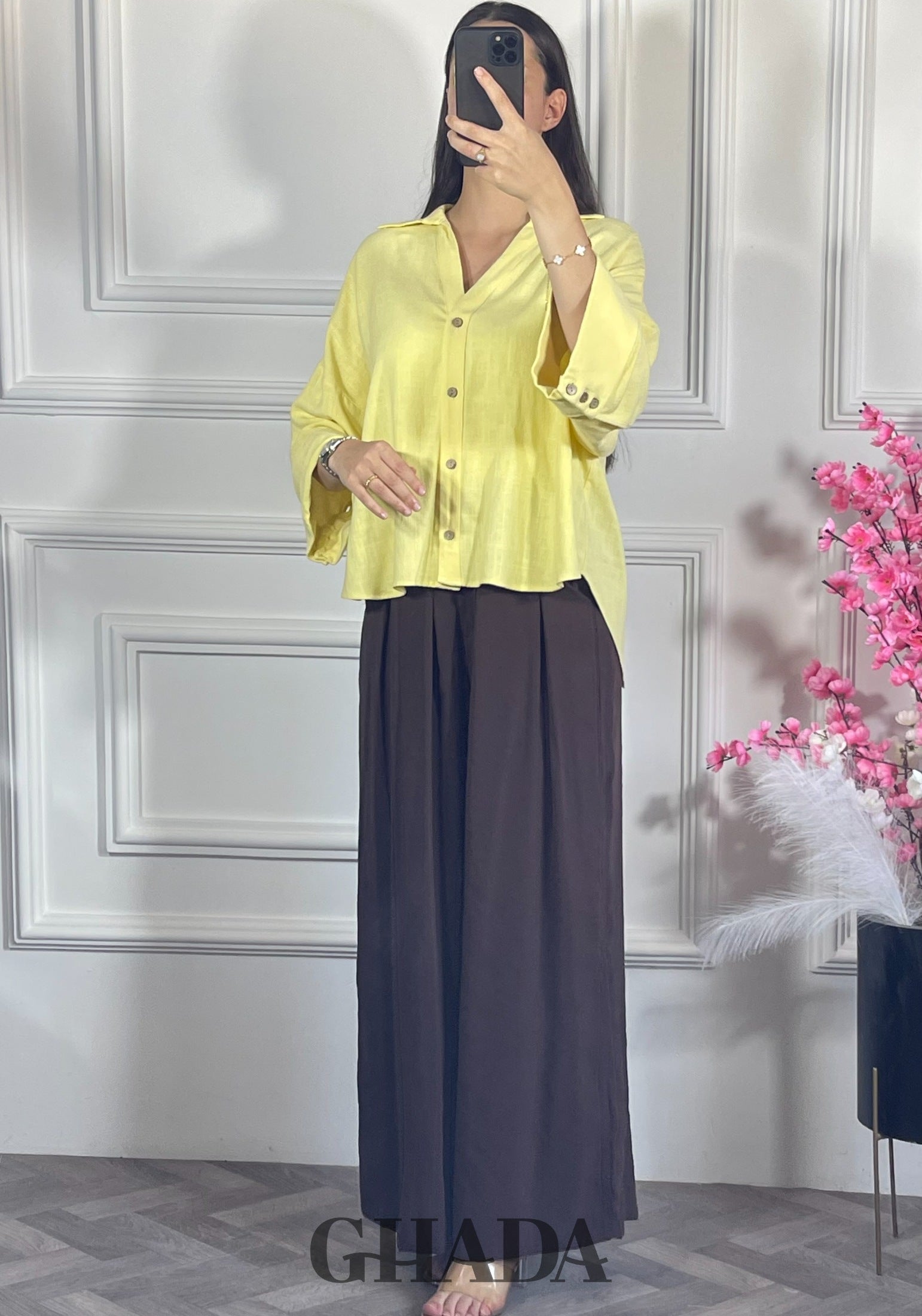 Chemise avec manches trois quarts - Jaune vue de dos - chemise femme - GHADA FASHION