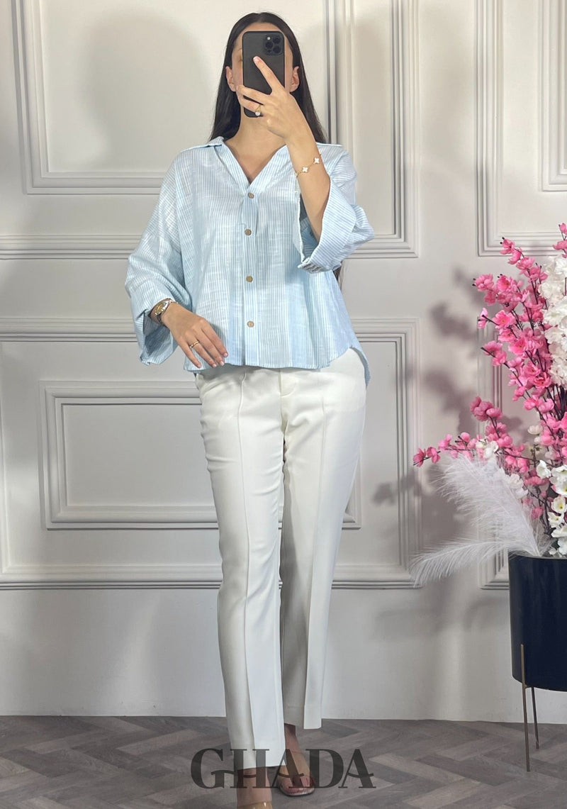 Chemise à rayures avec manches trois quarts - Bleu ciel doux